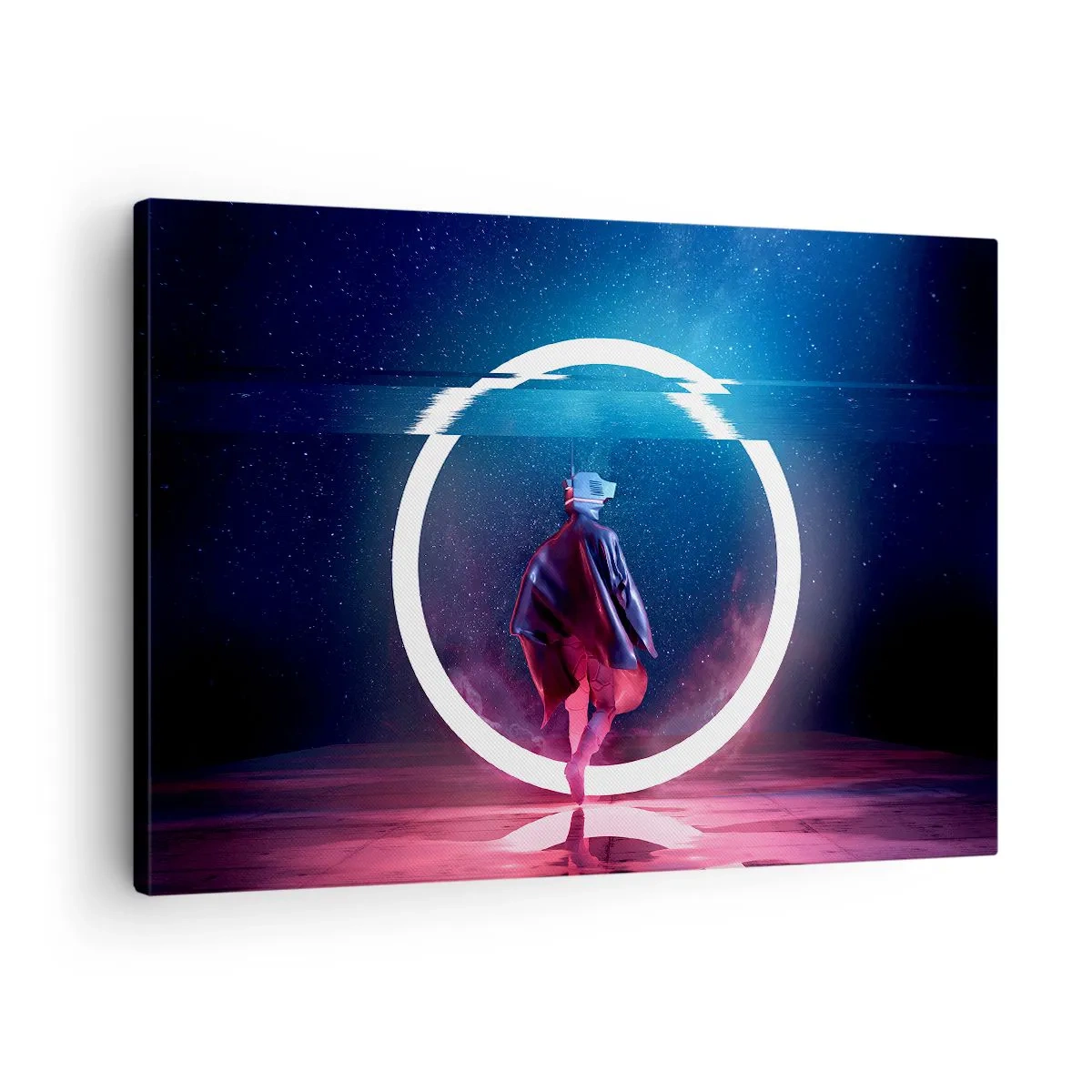 Canvastavla - Bild på duk - En karaktär i en futuristisk miljö med en neoncirkel - 70x50cm - Mellan världar - Modern väggdekoration för vardagsrum och sovrum ARTTOR