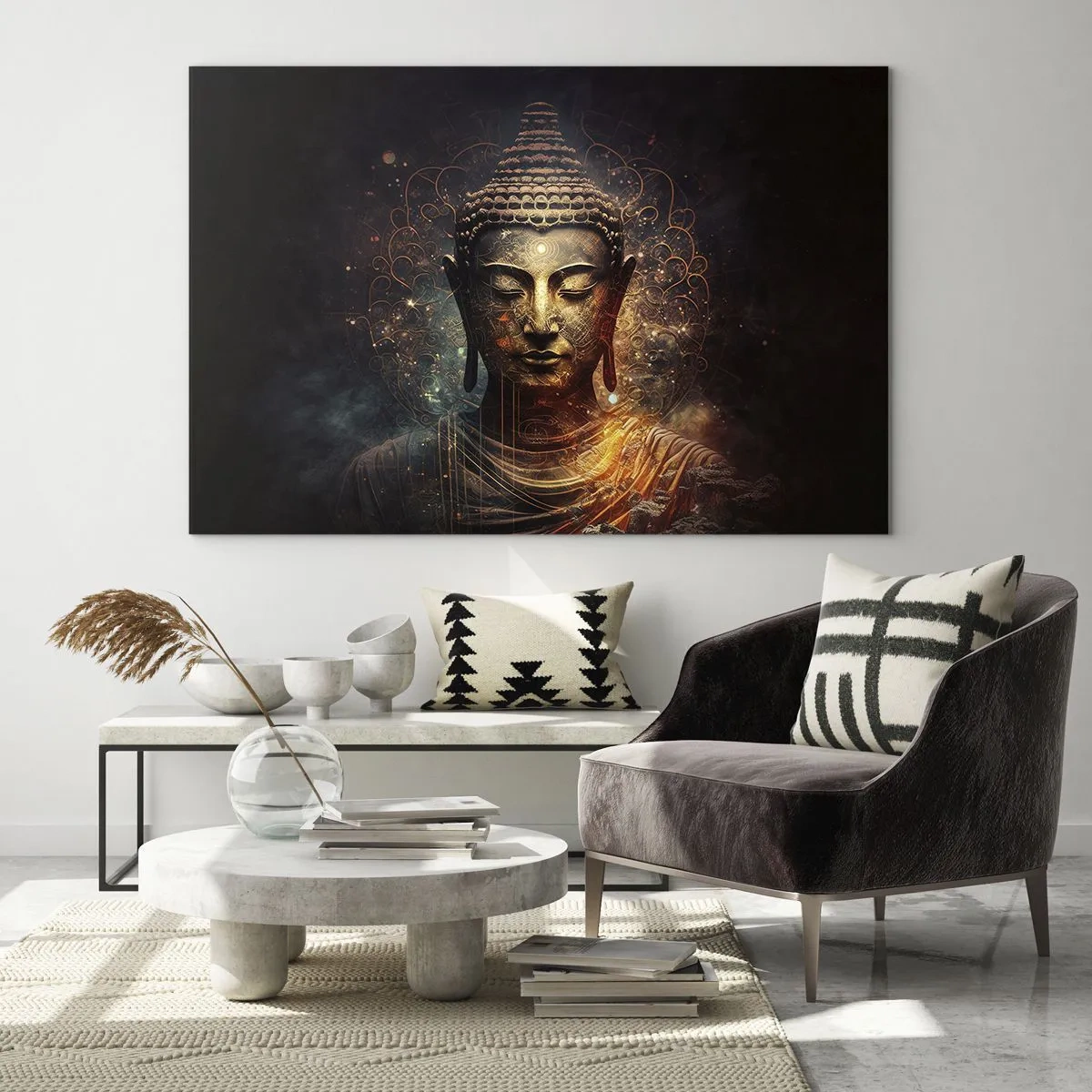 Glastavla - Bild på glas - En gyllene figur av Buddha på en mörk bakgrund med ornament - 70x50cm - Andlig balans - Modern väggdekoration för vardagsrum och sovrum ARTTOR