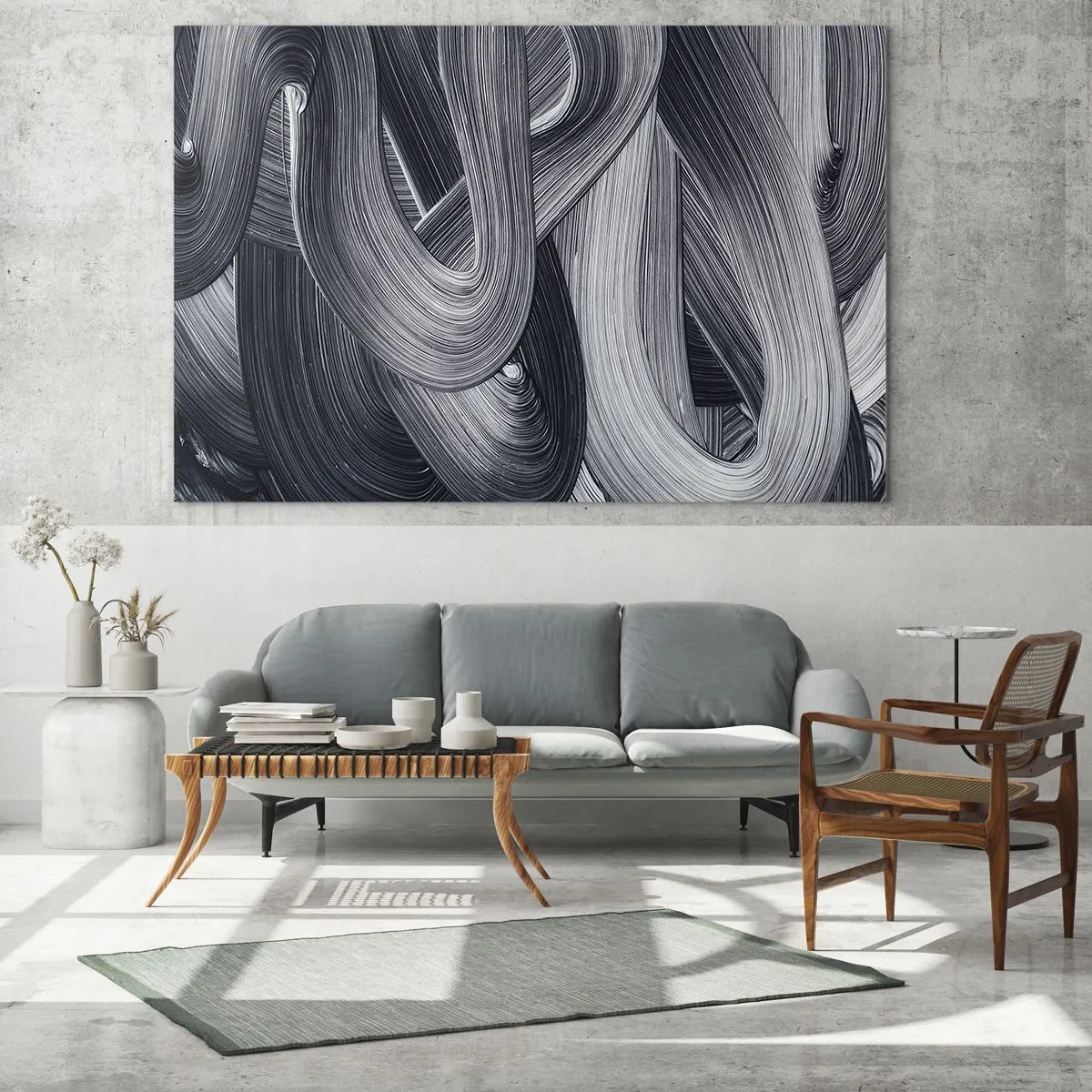 Glastavla - Bild på glas - Abstrakta penseldrag i nyanser av svart och grått - 70x50cm - Verklighetens flythet - Modern väggdekoration för vardagsrum och sovrum ARTTOR