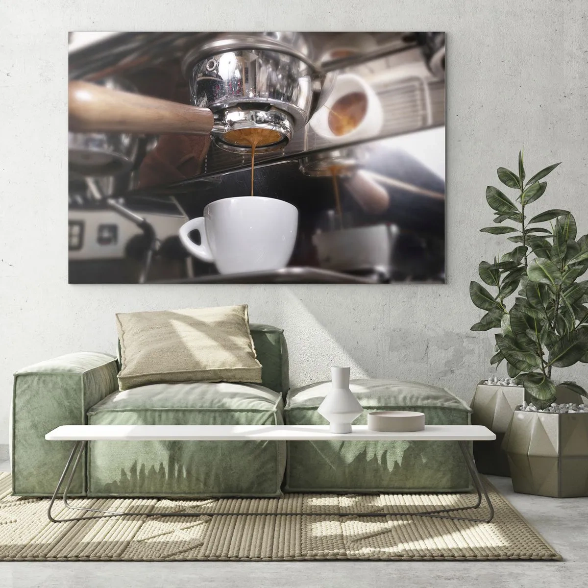 Glastavla - Bild på glas - Närbild av en kopp kaffe som hälls upp från en tryckkaffebryggare - 70x50cm - En bra stund på dagen - Modern väggdekoration för vardagsrum och sovrum ARTTOR