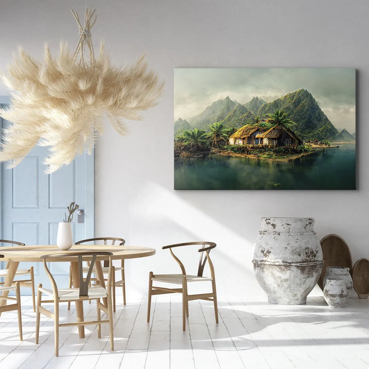 Canvastavla - Bild på duk - En tropisk ö med palmer och berg i bakgrunden - 70x50cm - Tropiskt paradis - Modern väggdekoration för vardagsrum och sovrum ARTTOR