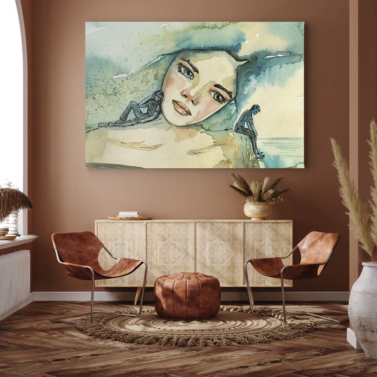 Canvastavla - Bild på duk - Akvarell av en kvinnas ansikte med reflekterande motiv - 70x50cm - Am I blue? - Modern väggdekoration för vardagsrum och sovrum ARTTOR