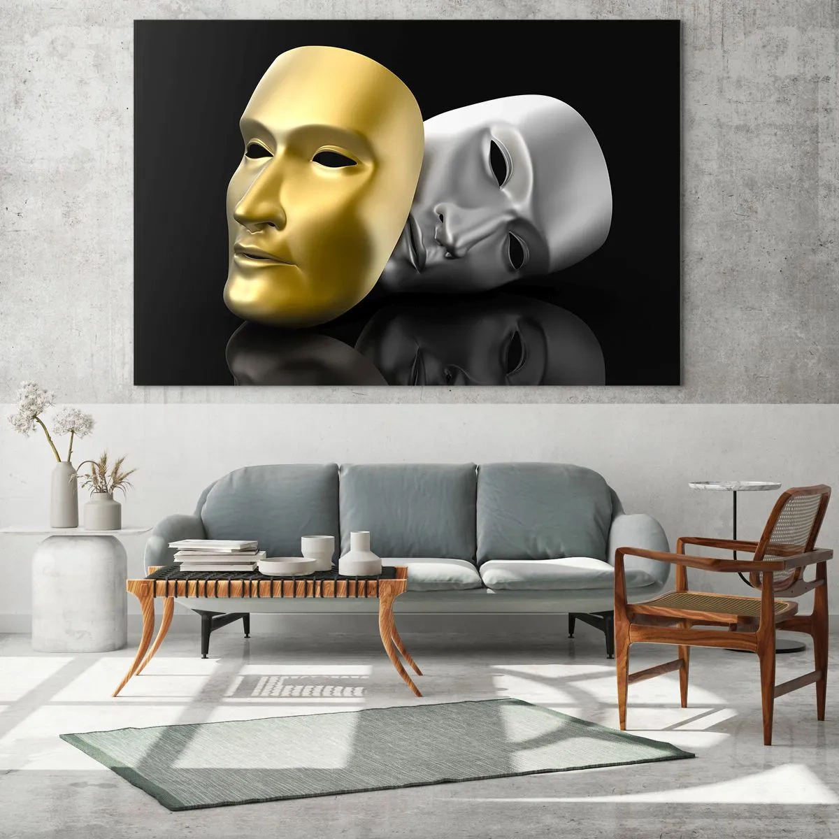 Glastavla - Bild på glas - Guld- och silvermask på svart bakgrund - 70x50cm - Livet är teater - Modern väggdekoration för vardagsrum och sovrum ARTTOR