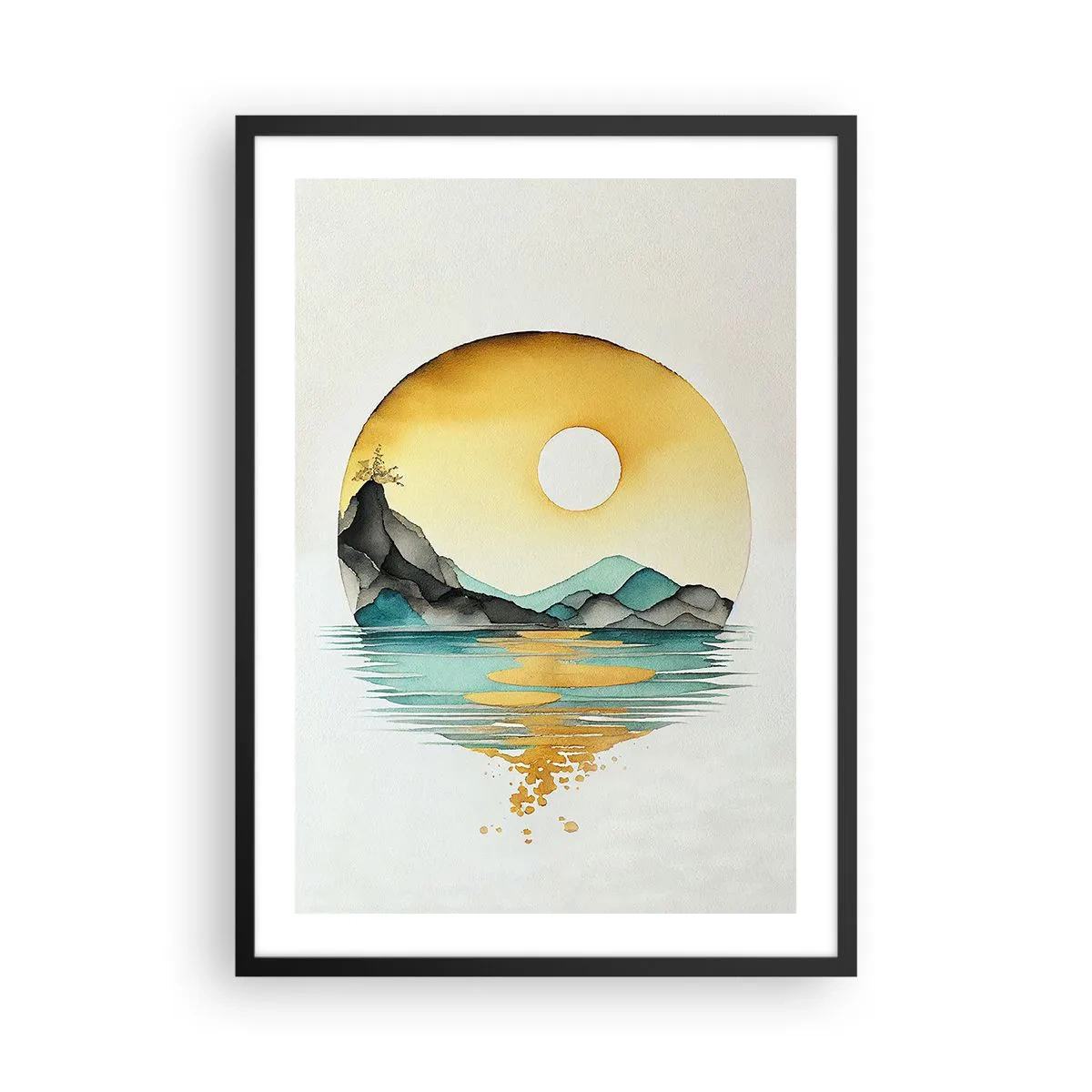 Affisch i svart ram - Ett minimalistiskt landskap av berg över vatten i gyllene färger - 50x70cm - I en cirkel av skönhet - Modern väggdekoration för vardagsrum och sovrum ARTTOR