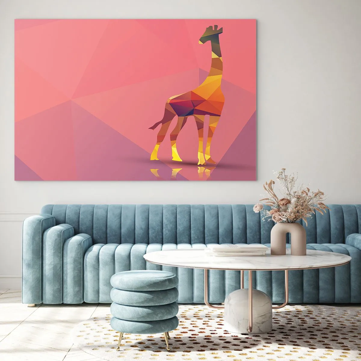 Glastavla - Bild på glas - Geometrisk giraff på en pastellbakgrund - 70x50cm - I savannens färger - Modern väggdekoration för vardagsrum och sovrum ARTTOR