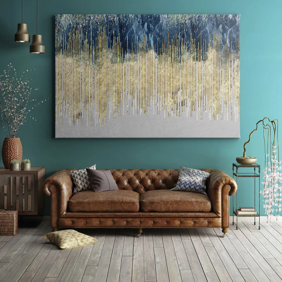Canvastavla - Bild på duk - Gyllene linjer mot en bakgrund av marinblå och grå abstraktion - 70x50cm - Förgylld gräns - Modern väggdekoration för vardagsrum och sovrum ARTTOR