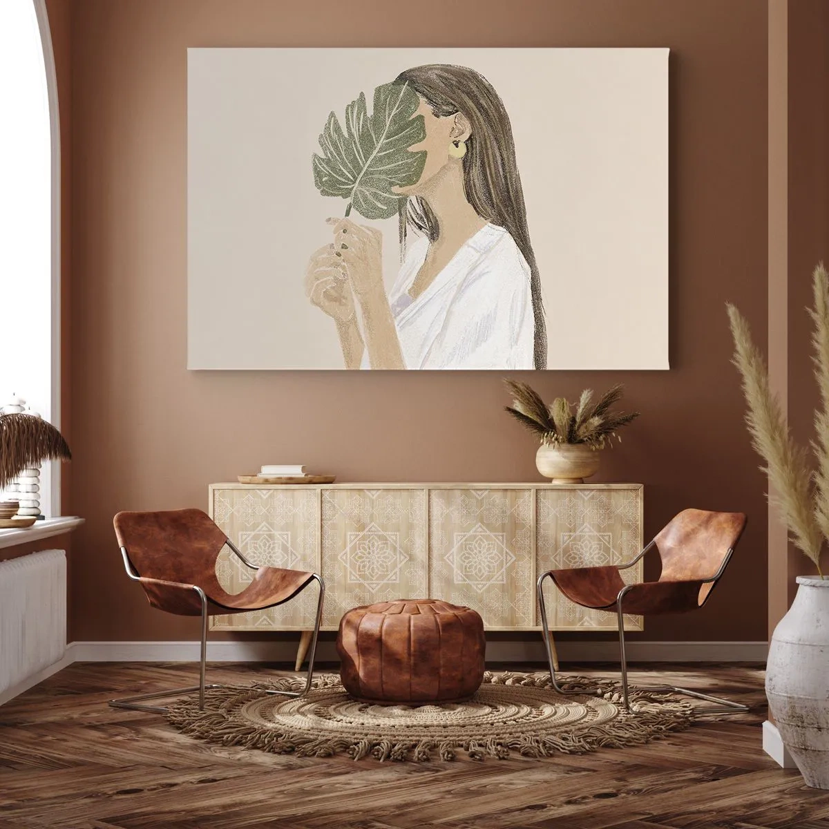 Canvastavla - Bild på duk - Porträtt av en kvinna med ett monsterablad på en beige bakgrund - 70x50cm - Mystiskt porträtt med solfjäder - Modern väggdekoration för vardagsrum och sovrum ARTTOR