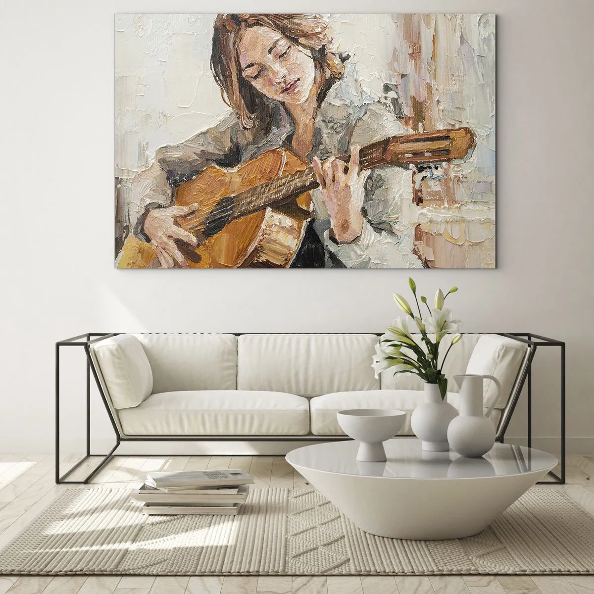 Glastavla - Bild på glas - En flicka som spelar gitarr i impressionistisk stil - 70x50cm - Konsert för gitarr och en flickas hjärta - Modern väggdekoration för vardagsrum och sovrum ARTTOR