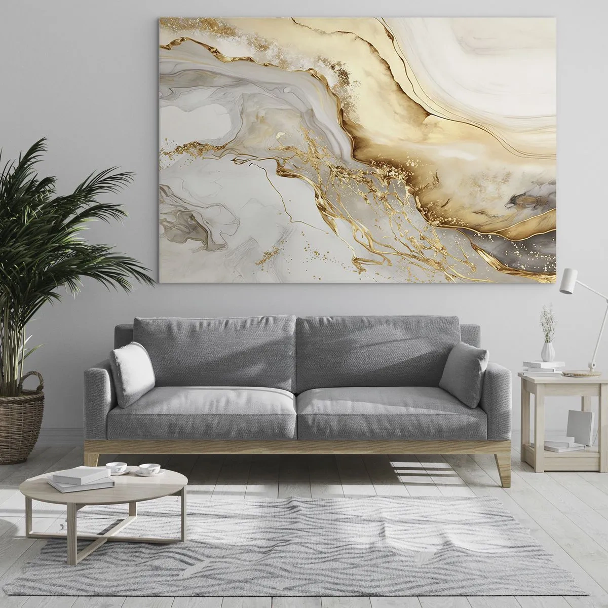 Glastavla - Bild på glas - Guld- och beige abstrakta ränder på en ljus bakgrund - 70x50cm - Abstraktion: skönhet och godhet - Modern väggdekoration för vardagsrum och sovrum ARTTOR