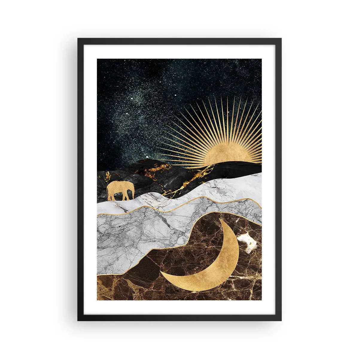 Affisch i svart ram - Gyllene landskap med månen, solen och silhuetten av en elefant - 50x70cm - Eviga lagar - Modern väggdekoration för vardagsrum och sovrum ARTTOR