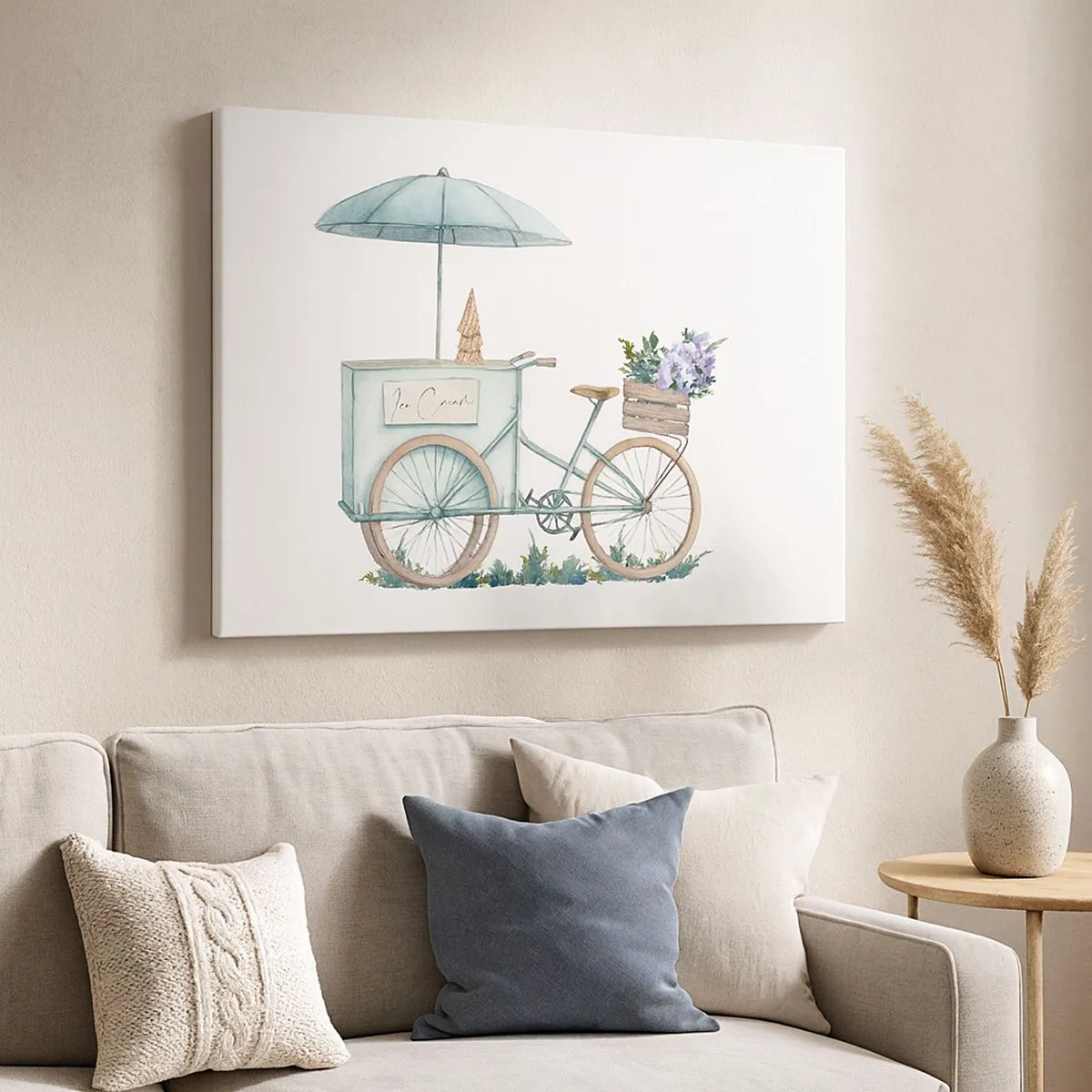Canvastavla - Bild på duk - En cykel med glass och blommor under ett paraply i delikata pastellfärger - 70x50cm - Sött minne av sommaren - Modern väggdekoration för vardagsrum och sovrum ARTTOR