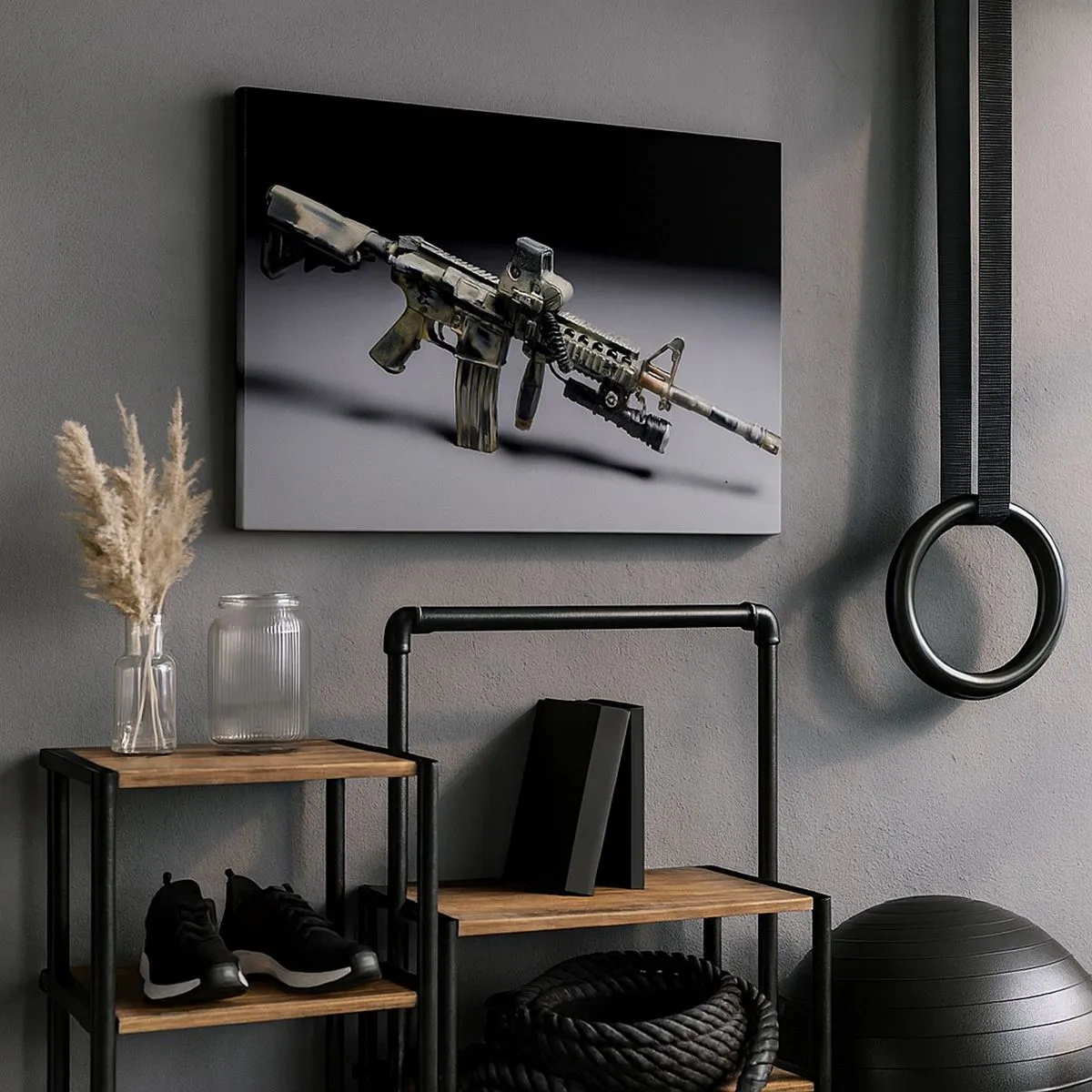 Canvastavla - Bild på duk - Modernt vapen i kamouflagefärg på en mörk bakgrund - 70x50cm - Alltid farlig - Modern väggdekoration för vardagsrum och sovrum ARTTOR