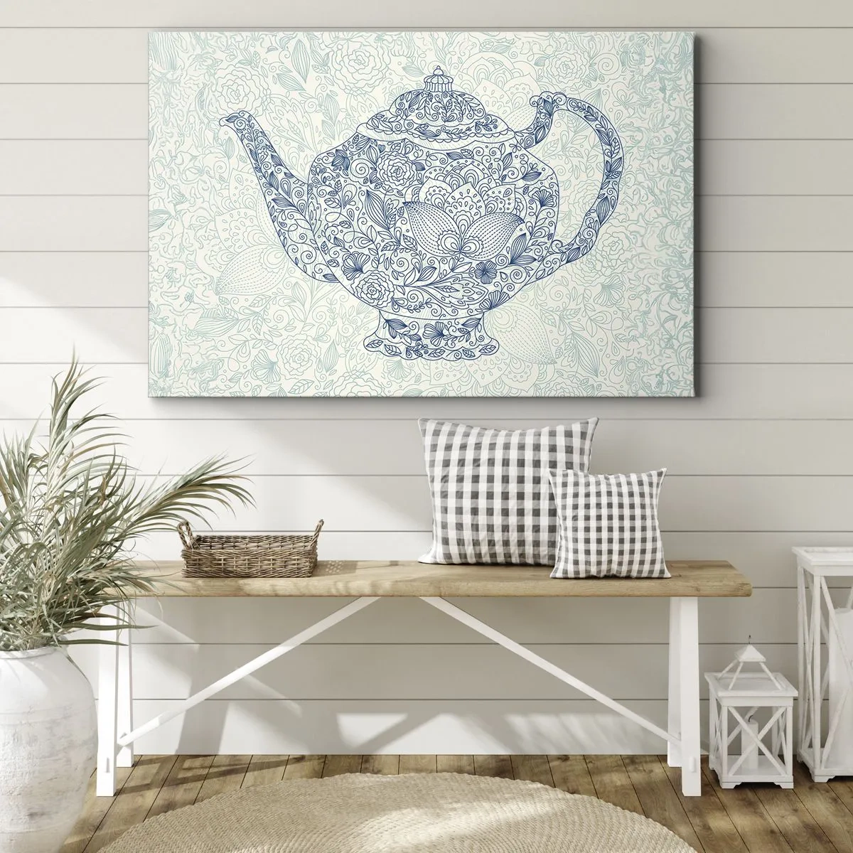 Canvastavla - Bild på duk - Dekorativ teckning av en tekanna med blå ornament - 70x50cm - Techarm - Modern väggdekoration för vardagsrum och sovrum ARTTOR
