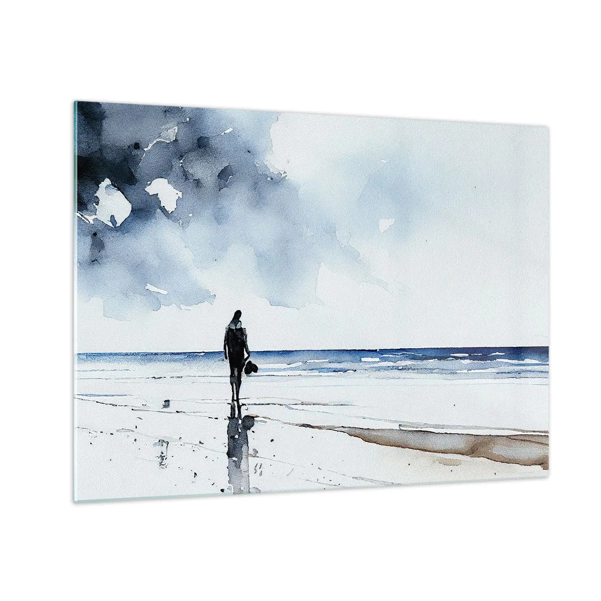 Glastavla - Bild på glas - Silhuett av en person på stranden i delikat akvarell - 70x50cm - Samtal med havet - Modern väggdekoration för vardagsrum och sovrum ARTTOR