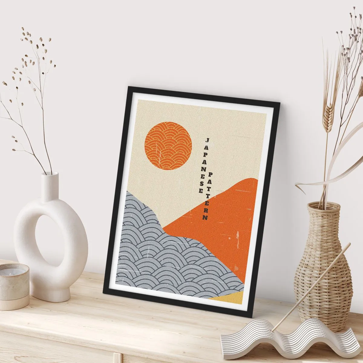 Affisch i svart ram - Minimalistiskt japanskt mönster med vågor och sol - 50x70cm - I den japanska andan - Modern väggdekoration för vardagsrum och sovrum ARTTOR
