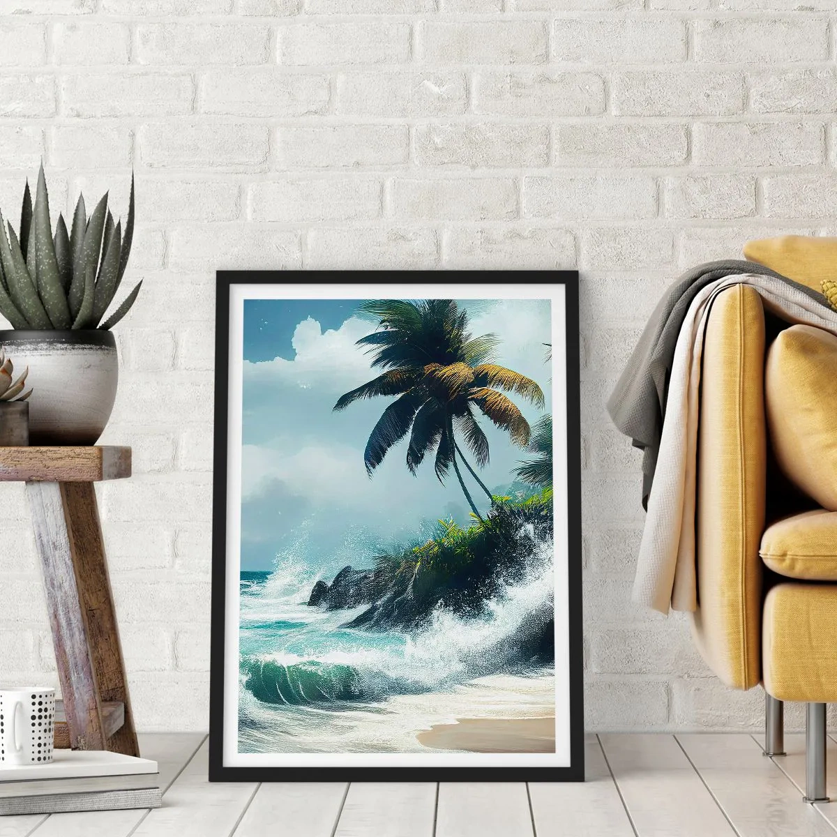 Affisch i svart ram - Tropisk strand med palmer och ett vågigt hav - 50x70cm - På en tropisk strand - Modern väggdekoration för vardagsrum och sovrum ARTTOR