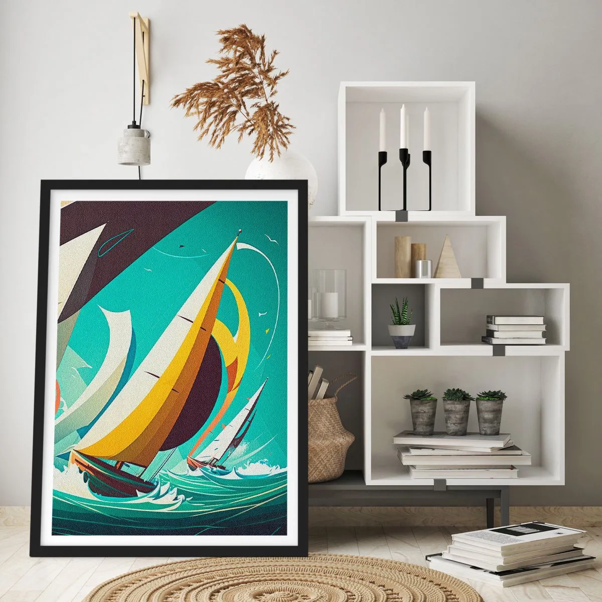 Affisch i svart ram - Abstrakt seglingsregatta på ett stormigt hav - 50x70cm - Icke rädda för elementen - Modern väggdekoration för vardagsrum och sovrum ARTTOR