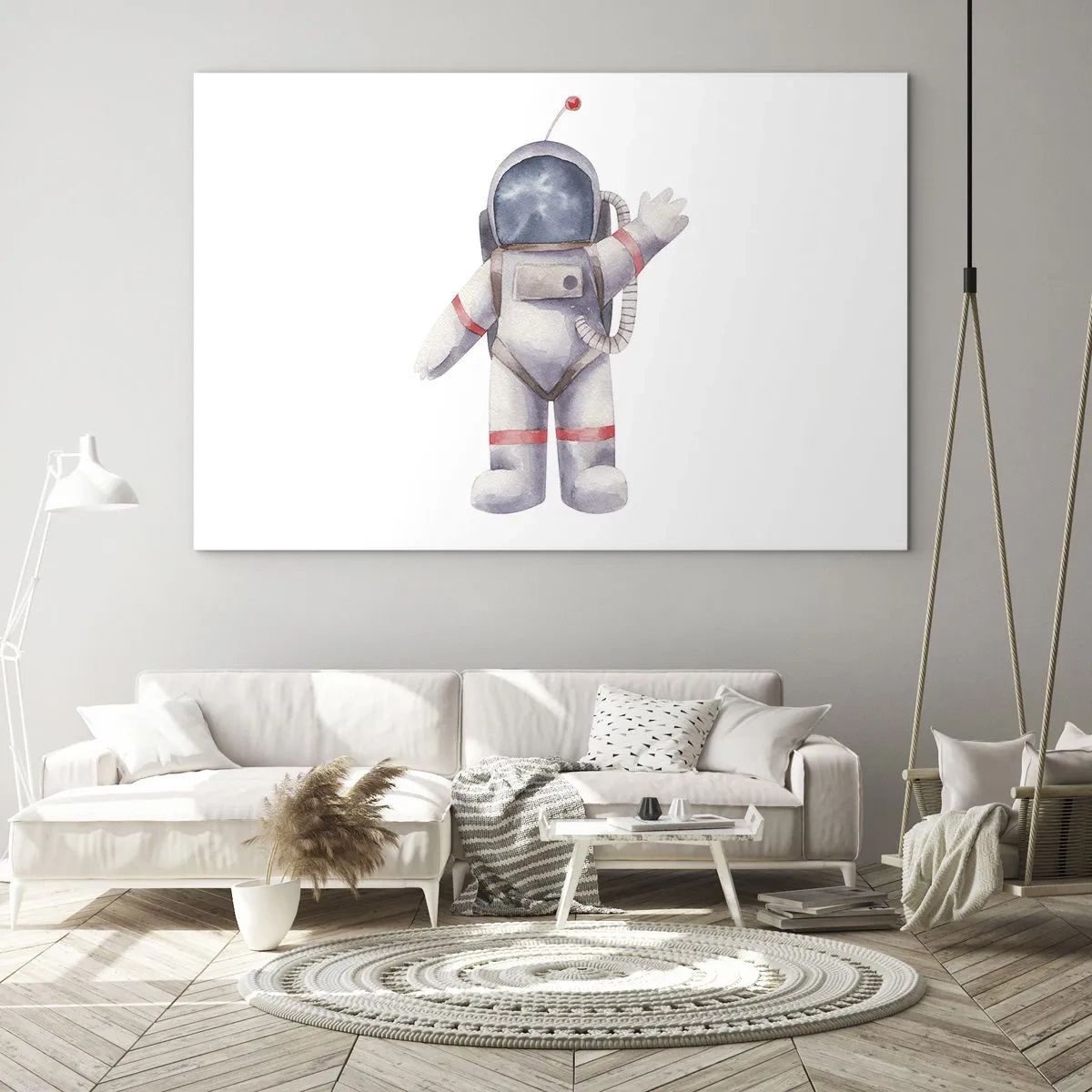 Glastavla - Bild på glas - Astronaut vinkar i rymden - 70x50cm - Det var allt för nu! - Modern väggdekoration för vardagsrum och sovrum ARTTOR