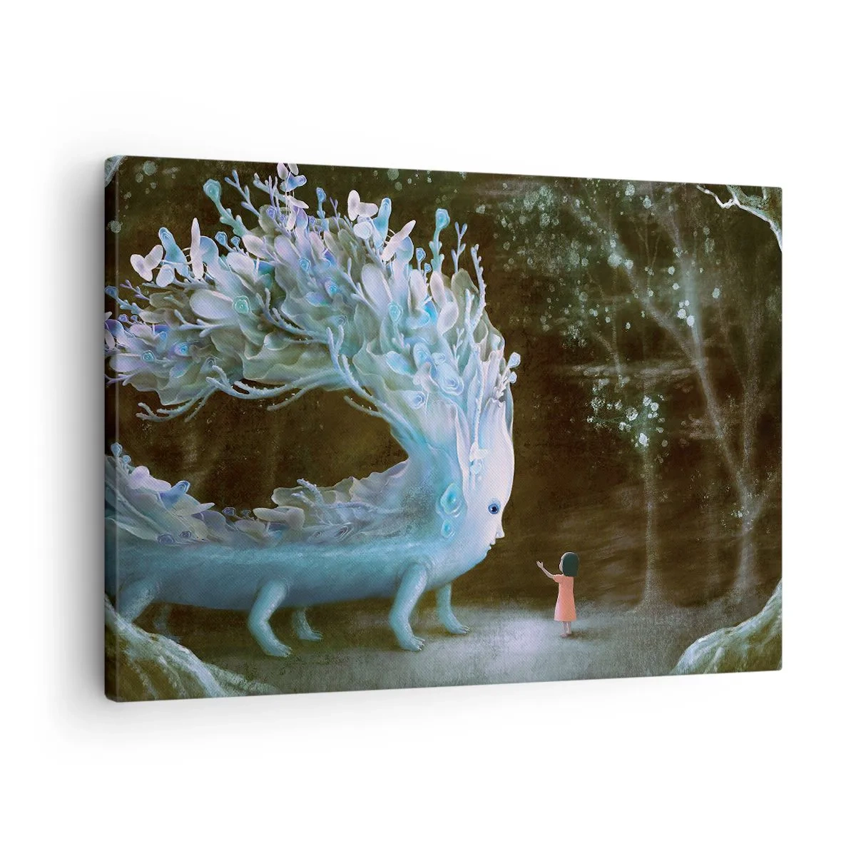 Canvastavla - Bild på duk - Figuren av en flicka som står inför en fantastisk varelse - 70x50cm - Fantastiskt möte - Modern väggdekoration för vardagsrum och sovrum ARTTOR