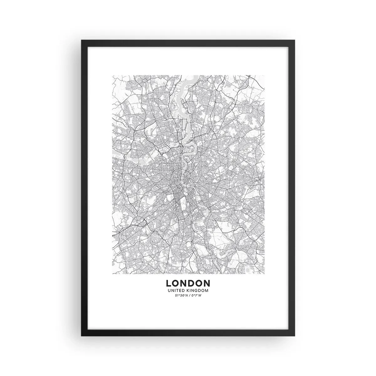 Affisch i svart ram - Svartvit karta över London med korrekta gatudetaljer - 50x70cm - Karta över London-labyrinten - Modern väggdekoration för vardagsrum och sovrum ARTTOR
