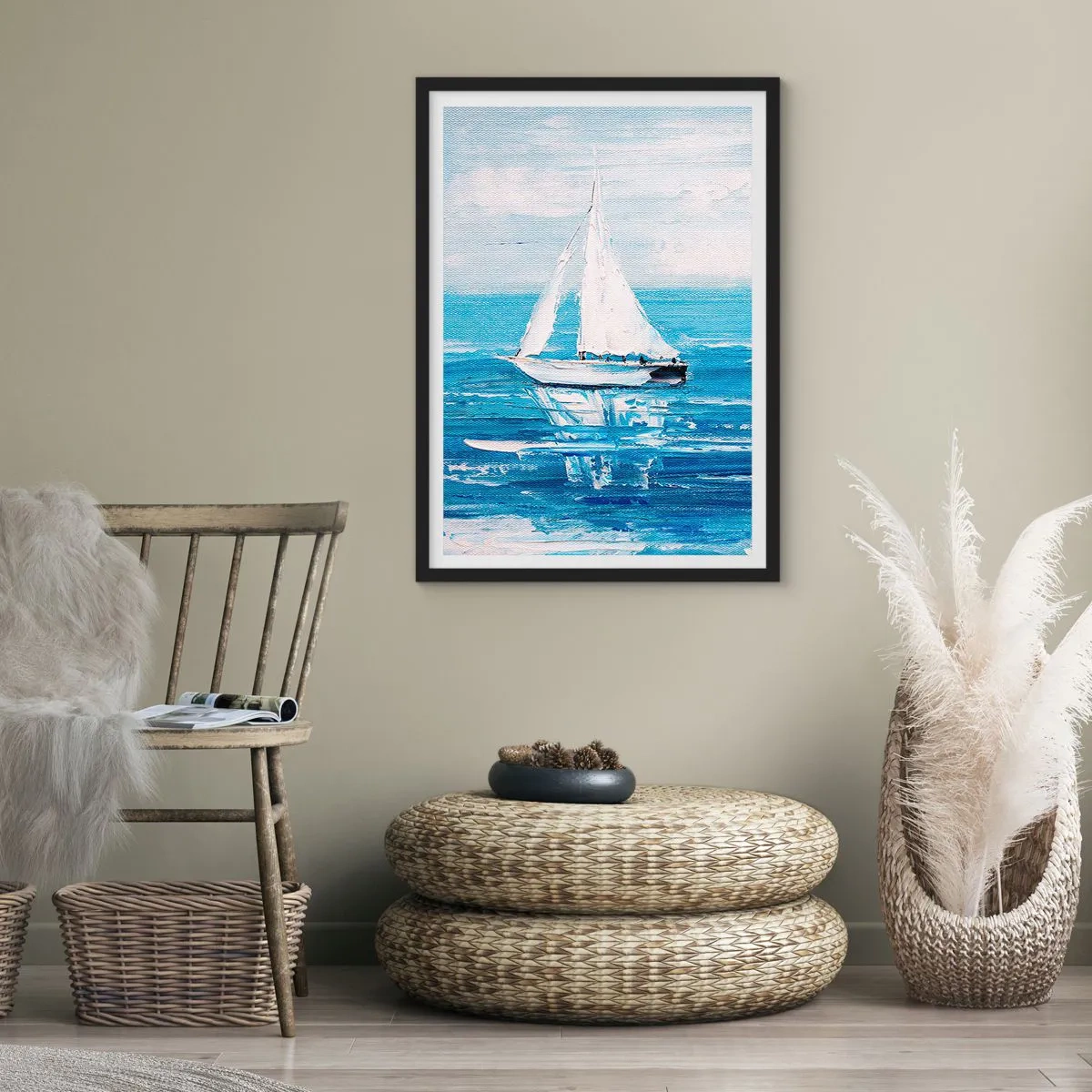 Affisch i svart ram - En yacht på havet i nyanser av blått - 50x70cm - Med en vän vid din sida - Modern väggdekoration för vardagsrum och sovrum ARTTOR
