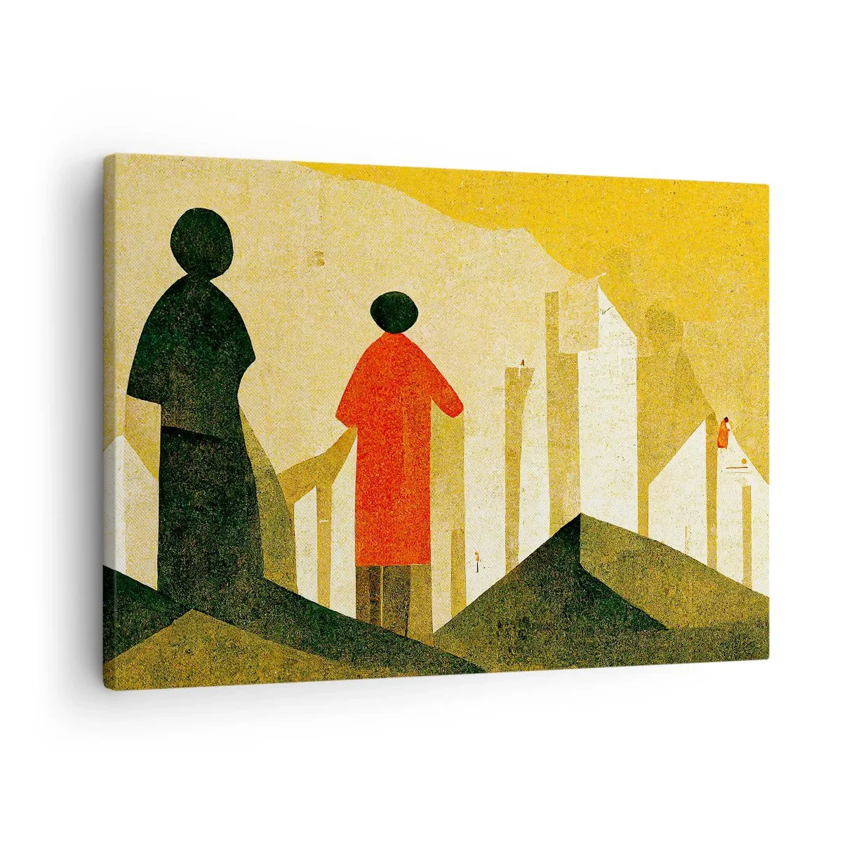 Canvastavla - Bild på duk - Geometriska silhuetter i rött och grönt på gul bakgrund - 70x50cm - Det är fortfarande långt kvar - Modern väggdekoration för vardagsrum och sovrum ARTTOR