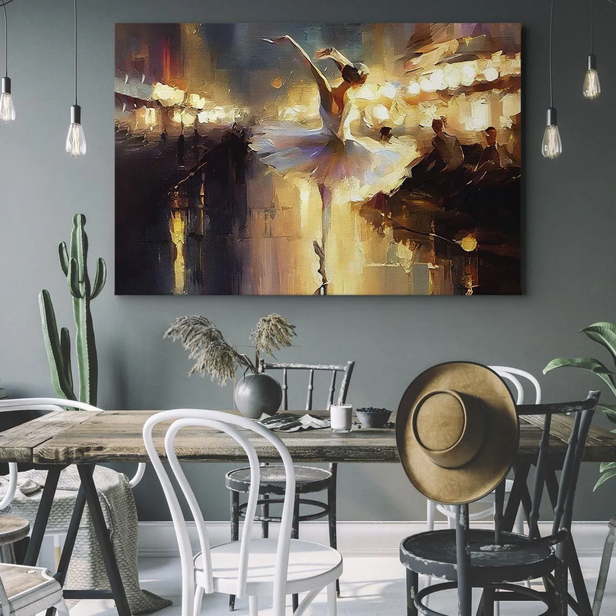 Canvastavla - Bild på duk - En ballerina som dansar framför en upplyst scen - 70x50cm - Ett mirakel på gatan - Modern väggdekoration för vardagsrum och sovrum ARTTOR