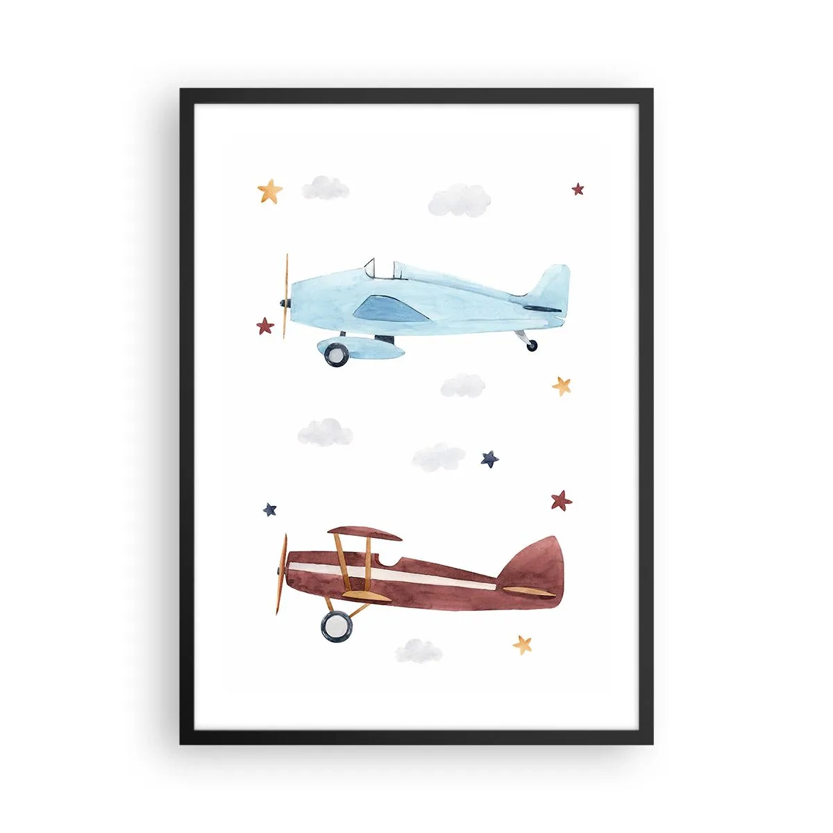 Affisch i svart ram - Akvarell illustrationer av två flygplan som svävar bland molnen och stjärnorna. - 50x70cm - Herr pilot, vi väntar! - Modern väggdekoration för vardagsrum och sovrum ARTTOR