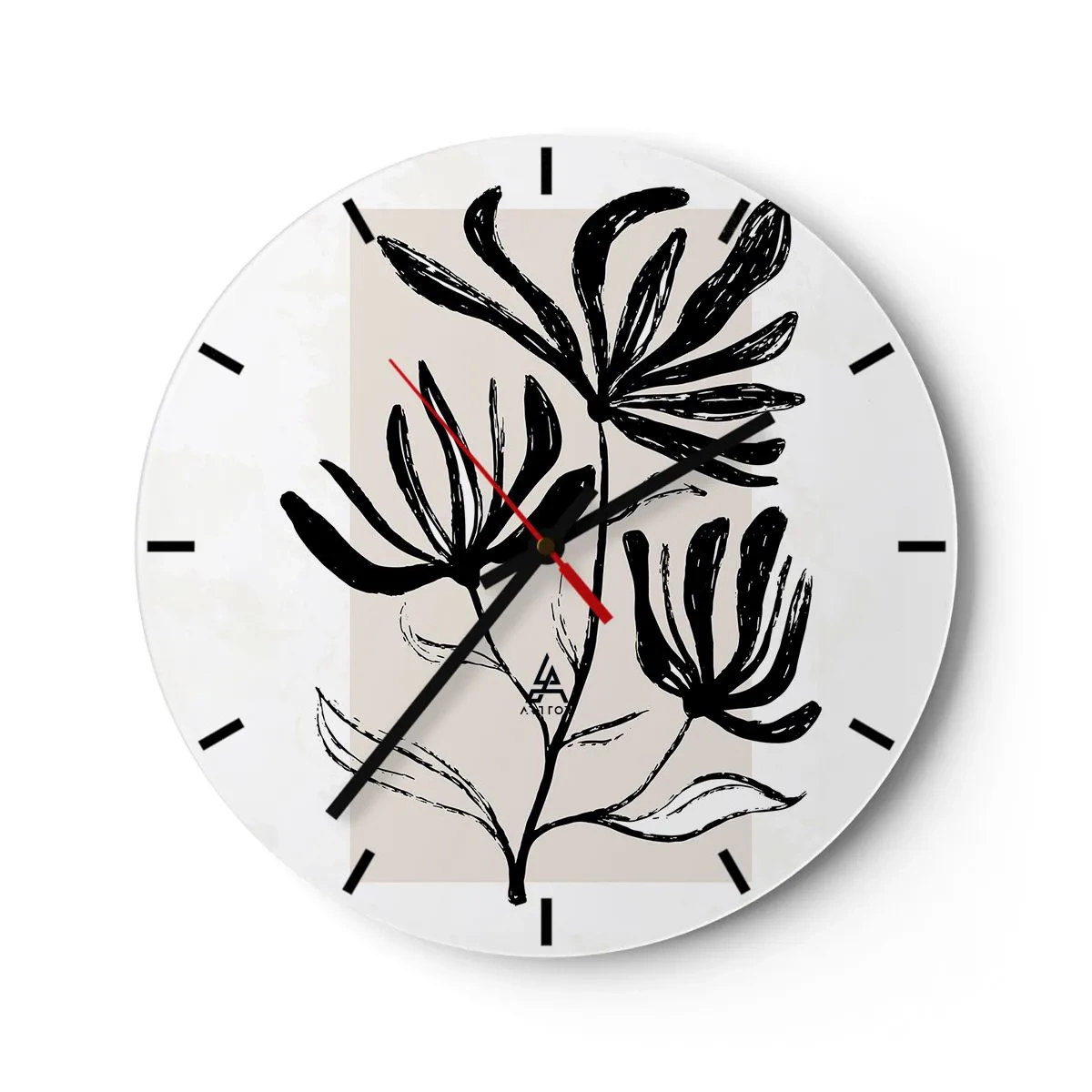 Väggklocka - Klocka på glas - En svart skiss av en växt mot en ljus bakgrund med en beige accent. - 30x30cm - Skiss för ett herbarium - Modern väggdekoration för vardagsrum, kök och sovrum ARTTOR