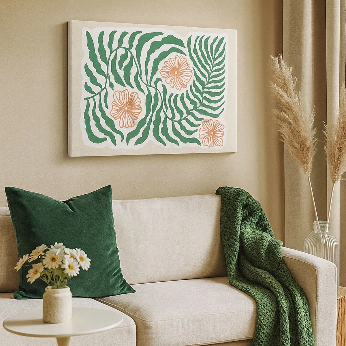Canvastavla - Bild på duk - Ett minimalistiskt motiv av gröna blad med blommor i orangea nyanser. - 70x50cm - Blommande i grönt - Modern väggdekoration för vardagsrum och sovrum ARTTOR
