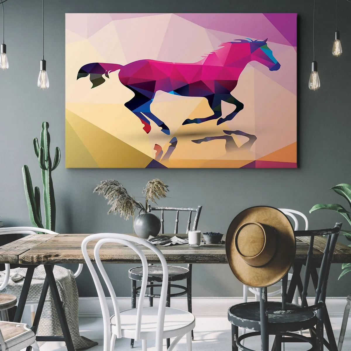 Canvastavla - Bild på duk - Geometrisk silhuett av en galopperande häst i livfulla färger - 70x50cm - Kubismen lever - Modern väggdekoration för vardagsrum och sovrum ARTTOR