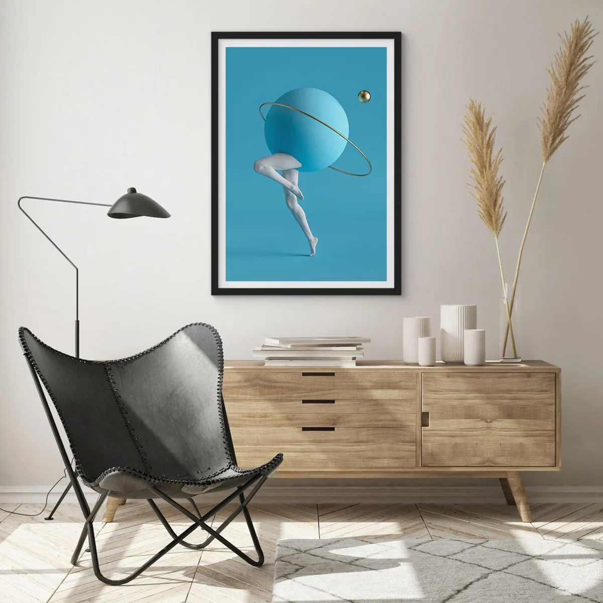 Affisch i svart ram - En figur med en planet som huvud i en surrealistisk komposition - 50x70cm - Och planeterna blir galna - Modern väggdekoration för vardagsrum och sovrum ARTTOR