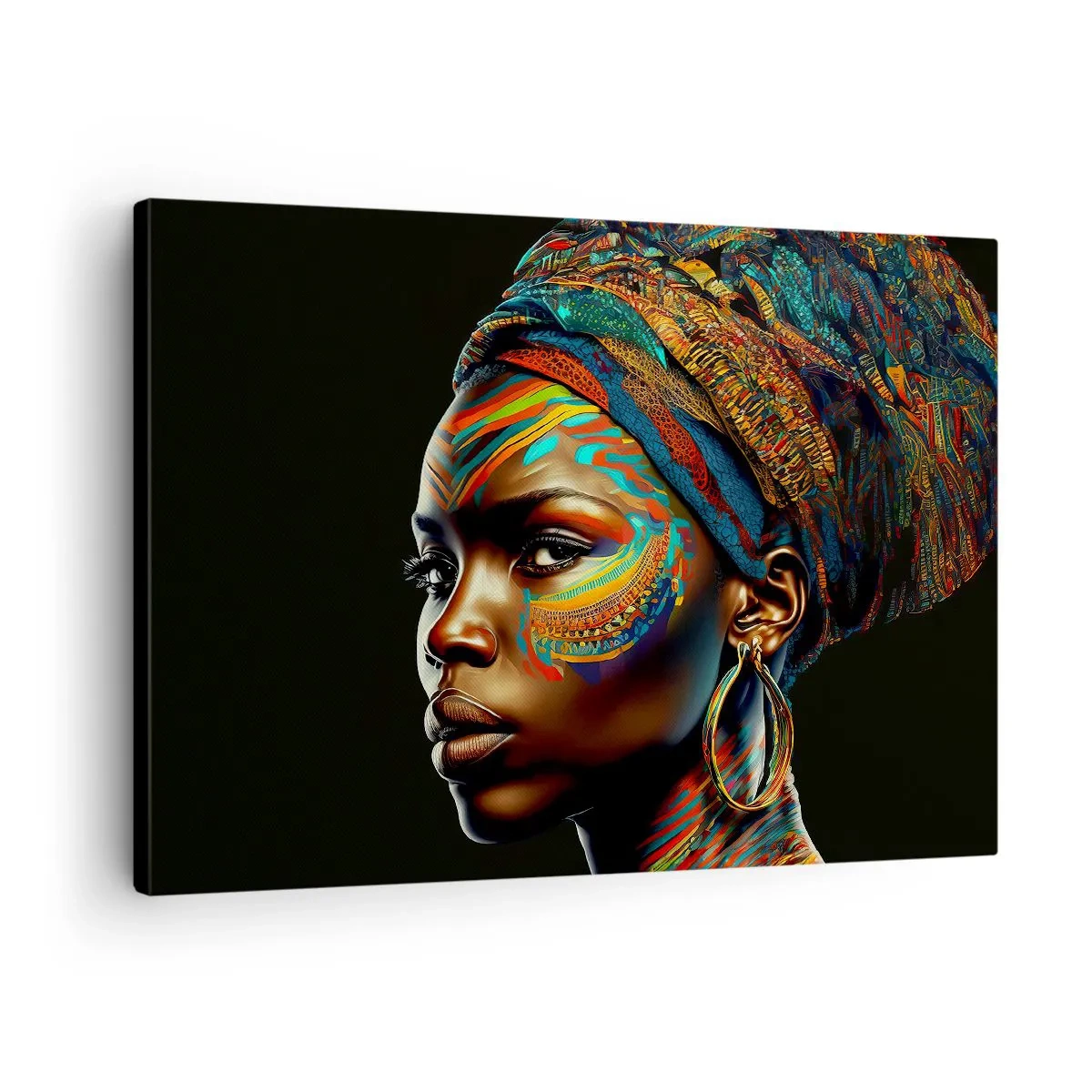 Canvastavla - Bild på duk - Porträtt av en kvinna med ett färgglatt mönster och en turban - 70x50cm - Afrikansk drottning - Modern väggdekoration för vardagsrum och sovrum ARTTOR