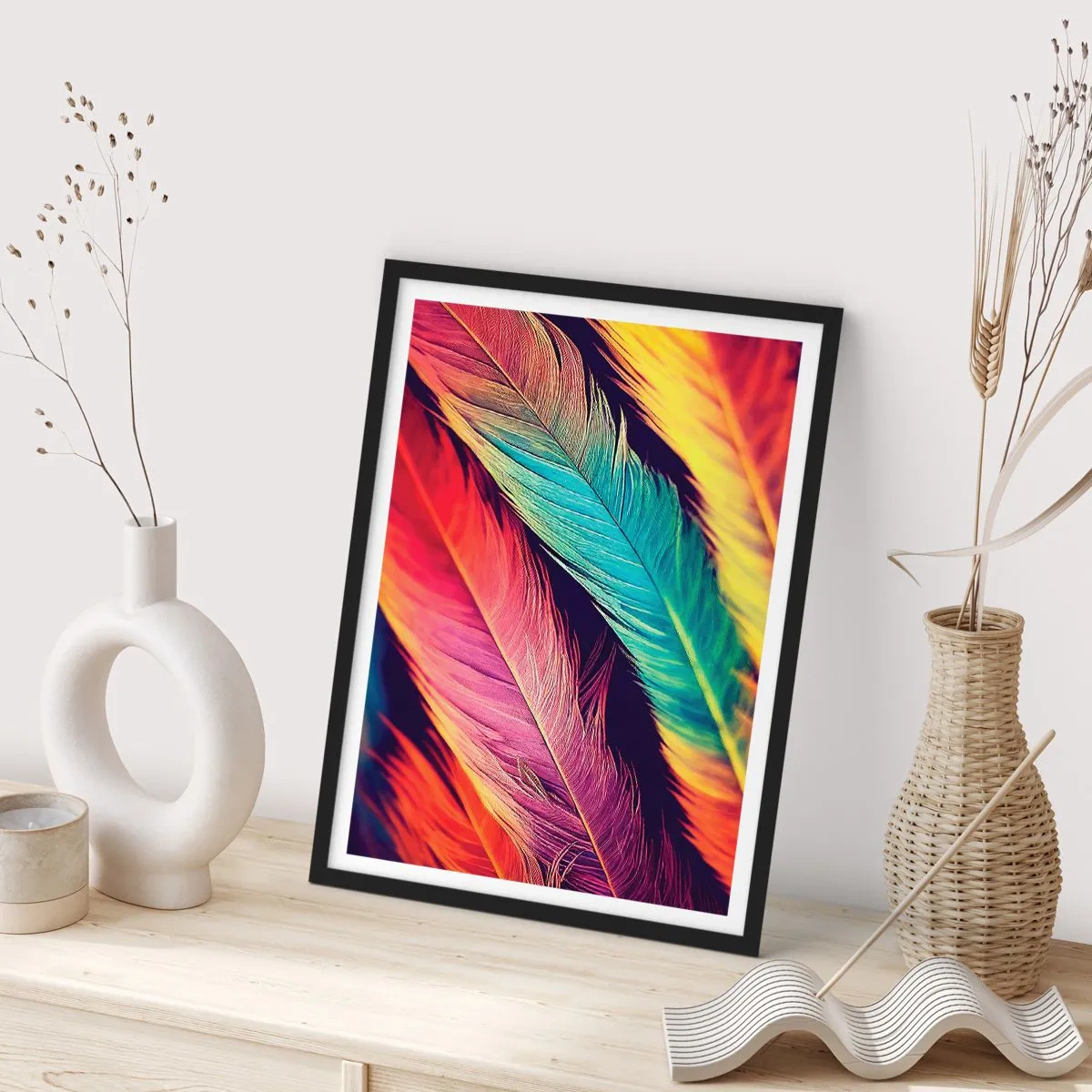Affisch i svart ram - Färgglada fjädrar i livfulla nyanser mot en mörk bakgrund - 50x70cm - Fjäderlik regnbåge - Modern väggdekoration för vardagsrum och sovrum ARTTOR