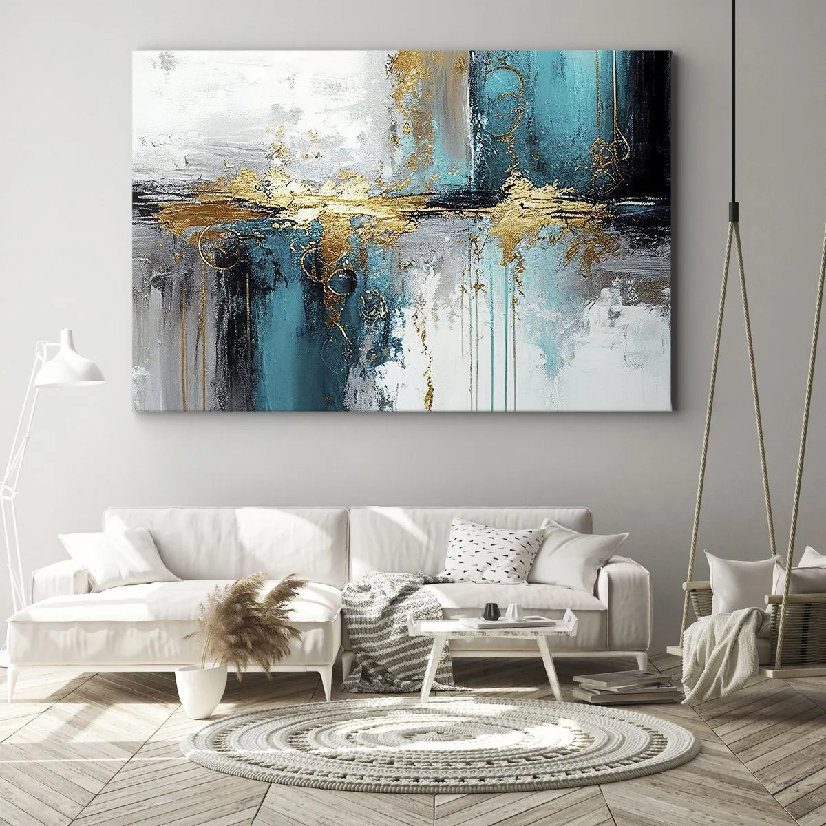 Canvastavla - Bild på duk - En abstrakt komposition med turkosa och guldiga accenter. - 70x50cm - Allting flödar - Modern väggdekoration för vardagsrum och sovrum ARTTOR
