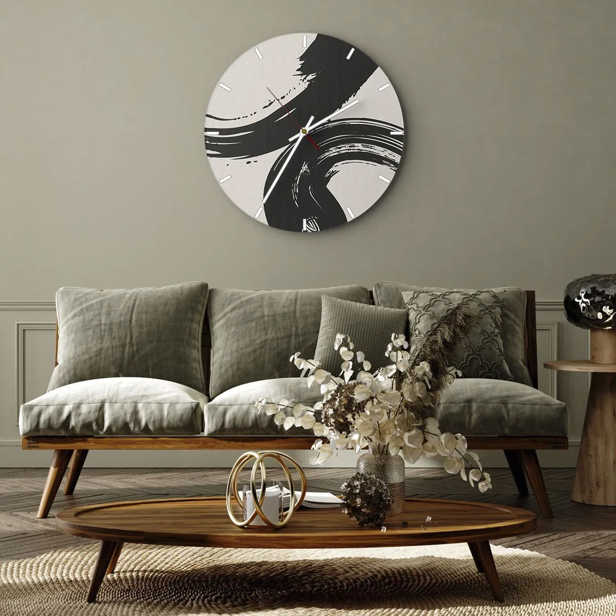 Väggklocka - Klocka på glas - Svarta svepande streck mot en ljus bakgrund - 30x30cm - Svepande och cirkulärt - Modern väggdekoration för vardagsrum, kök och sovrum ARTTOR