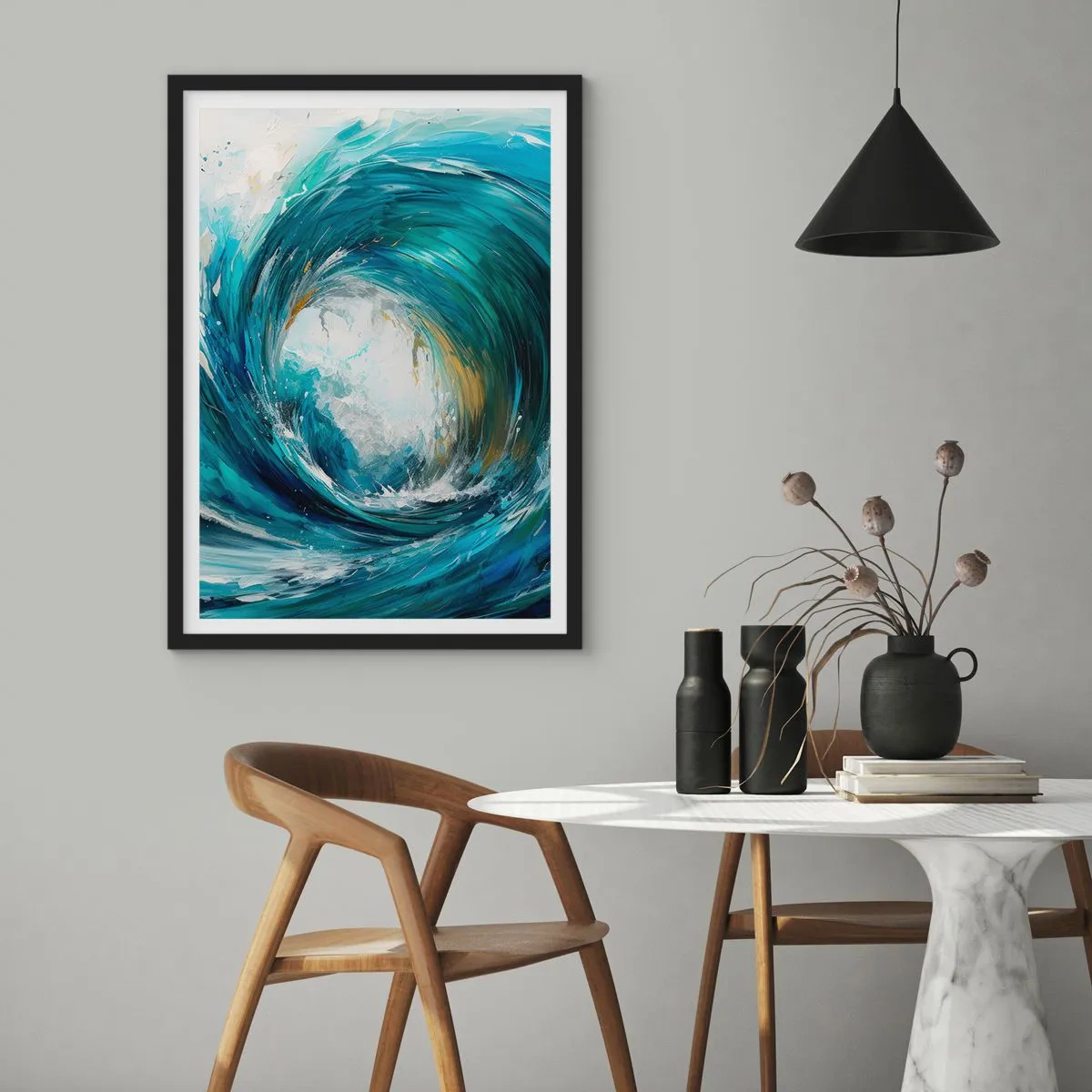 Affisch i svart ram - Abstrakt våg i nyanser av turkos, blått och vitt - 50x70cm - Havsportal - Modern väggdekoration för vardagsrum och sovrum ARTTOR