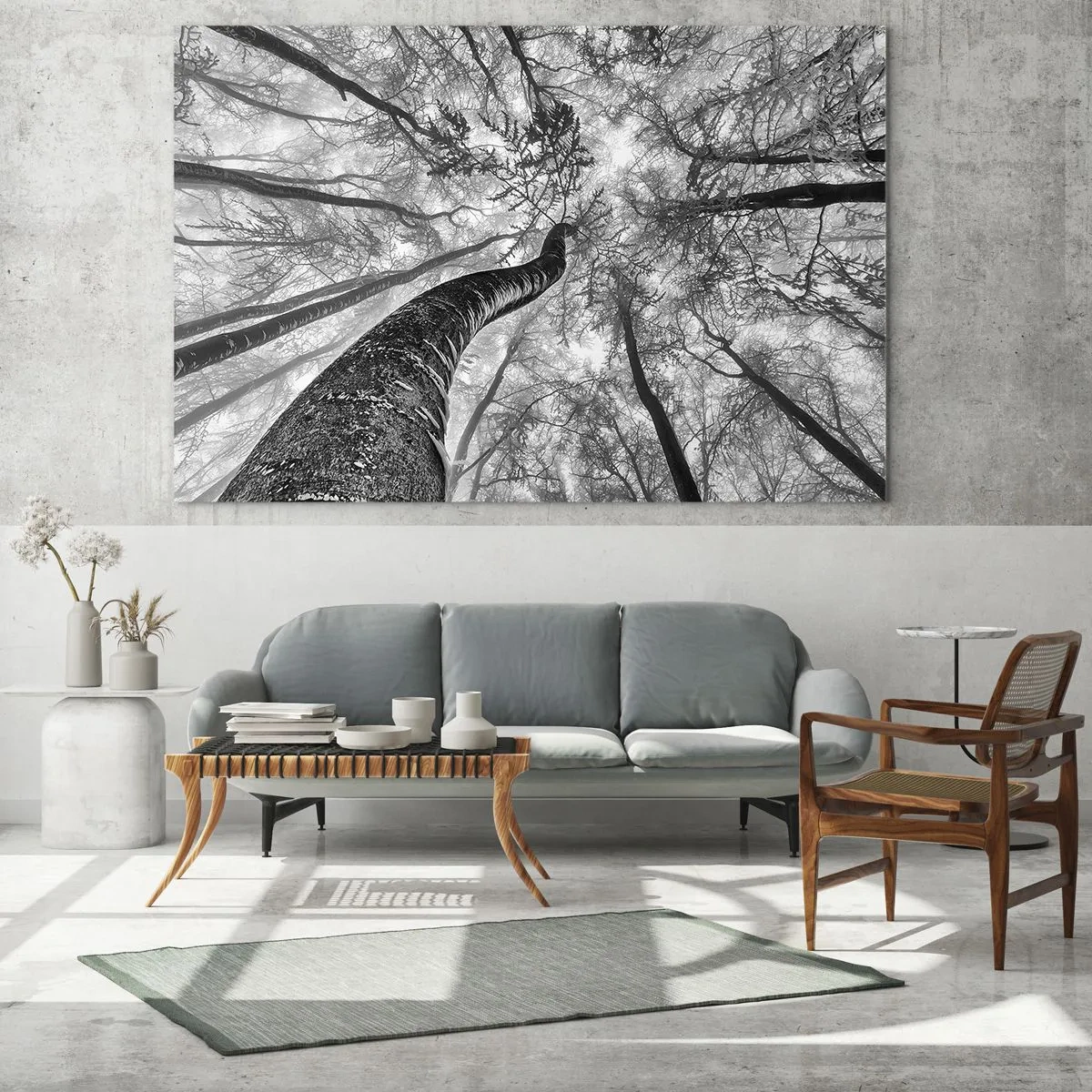 Glastavla - Bild på glas - Svartvita träd fotograferade underifrån mot himlen - 70x50cm - Kapplöpning mot ljuset - Modern väggdekoration för vardagsrum och sovrum ARTTOR