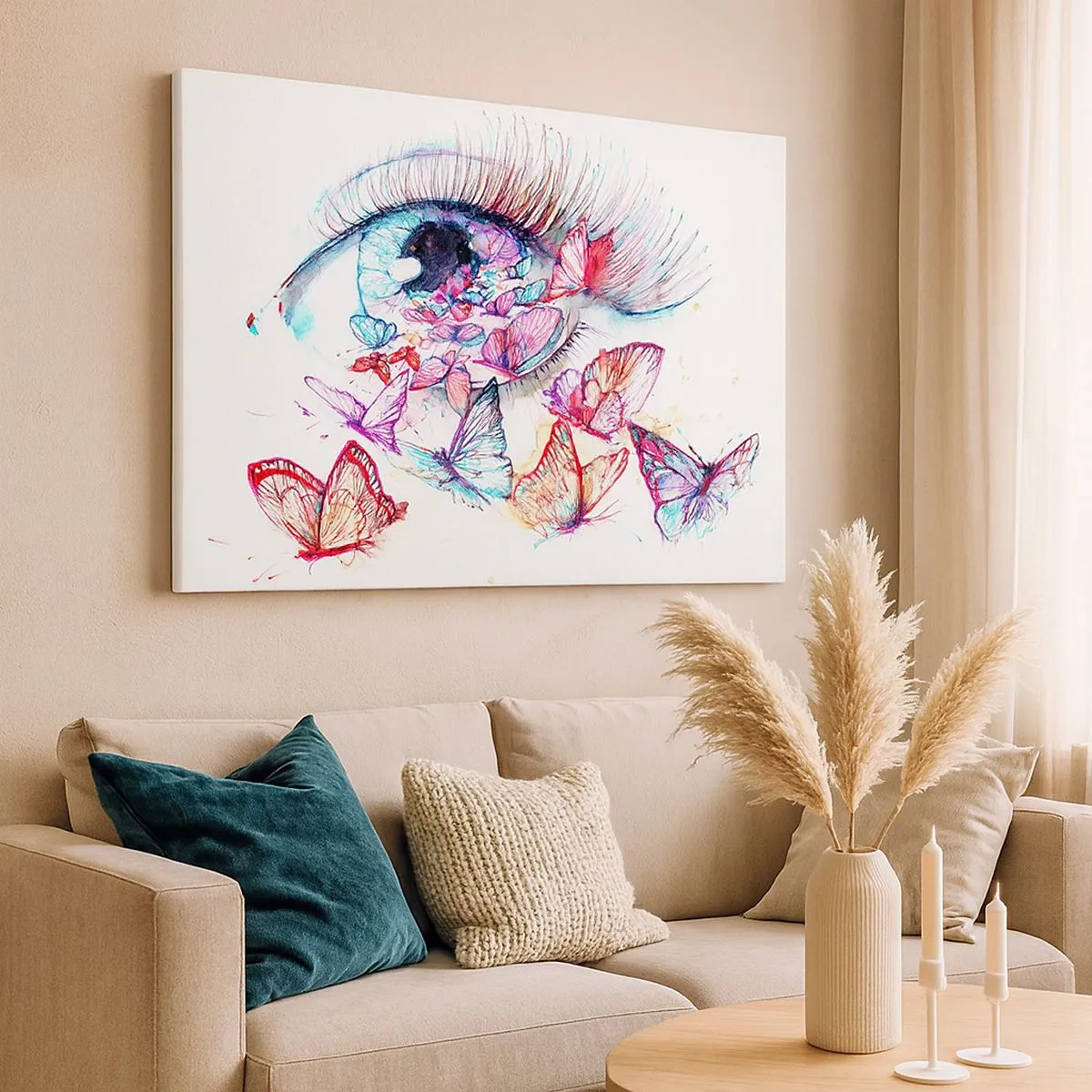 Canvastavla - Bild på duk - Ett akvarellöga omgivet av färgglada fjärilar - 70x50cm - Ögonens sagolika charm - Modern väggdekoration för vardagsrum och sovrum ARTTOR