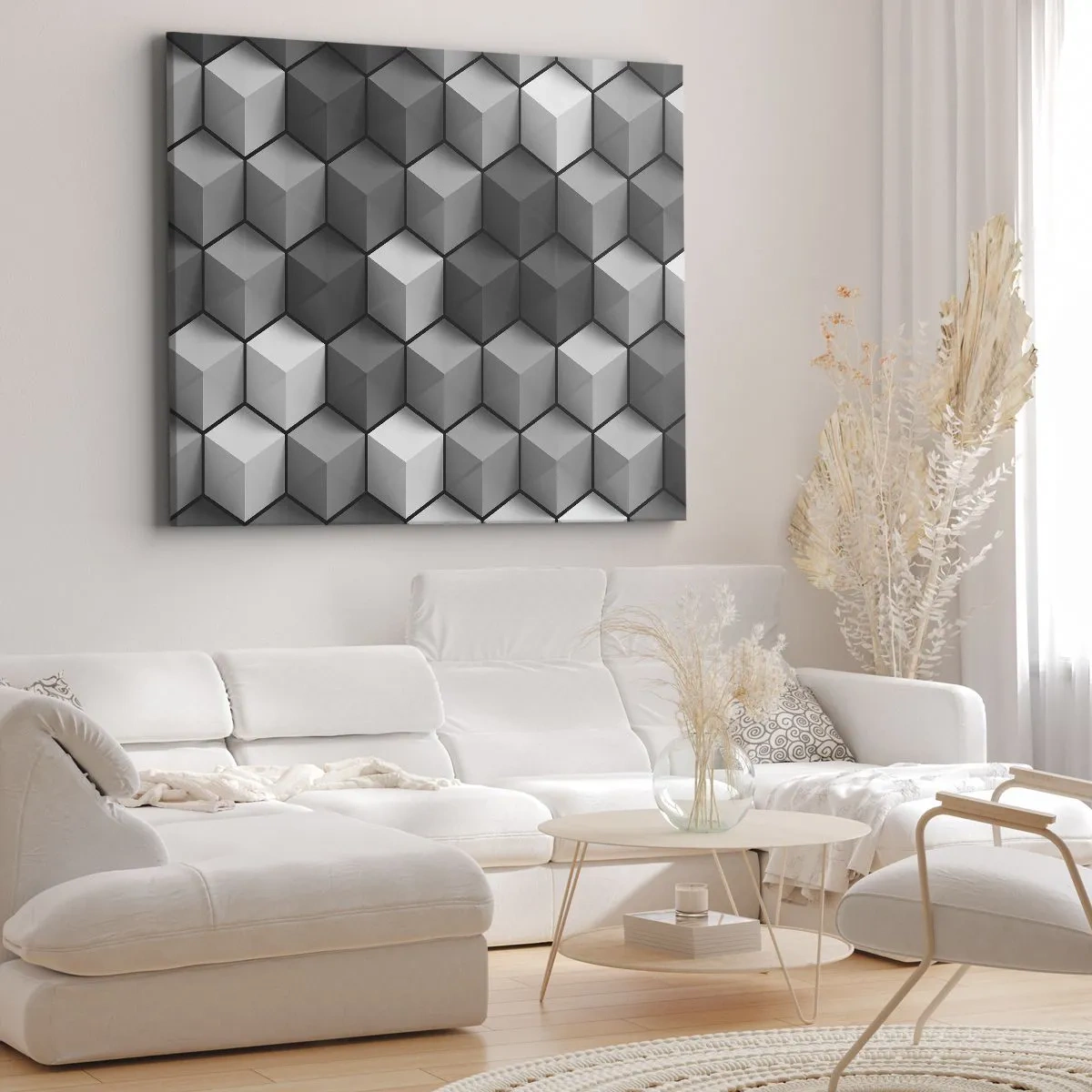 Canvastavla - Bild på duk - Geometrisk komposition av kuber i nyanser av grått och svart - 70x50cm - Kubistiskt pussel - Modern väggdekoration för vardagsrum och sovrum ARTTOR