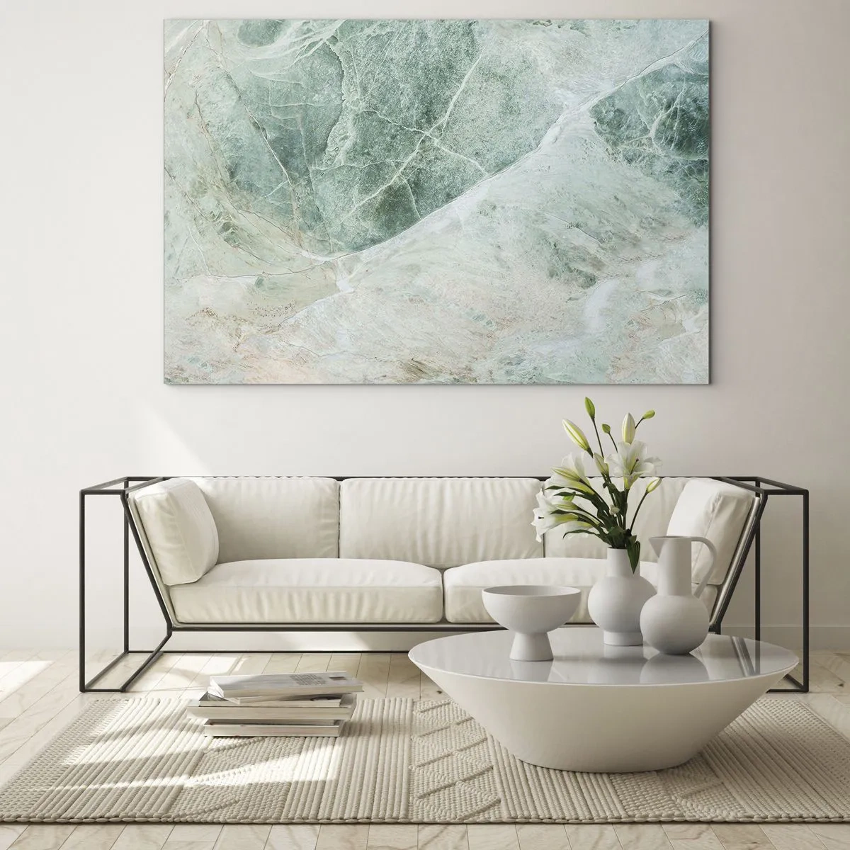 Glastavla - Bild på glas - Grönbeige textur som liknar natursten - 70x50cm - Stenens ädla svalka - Modern väggdekoration för vardagsrum och sovrum ARTTOR
