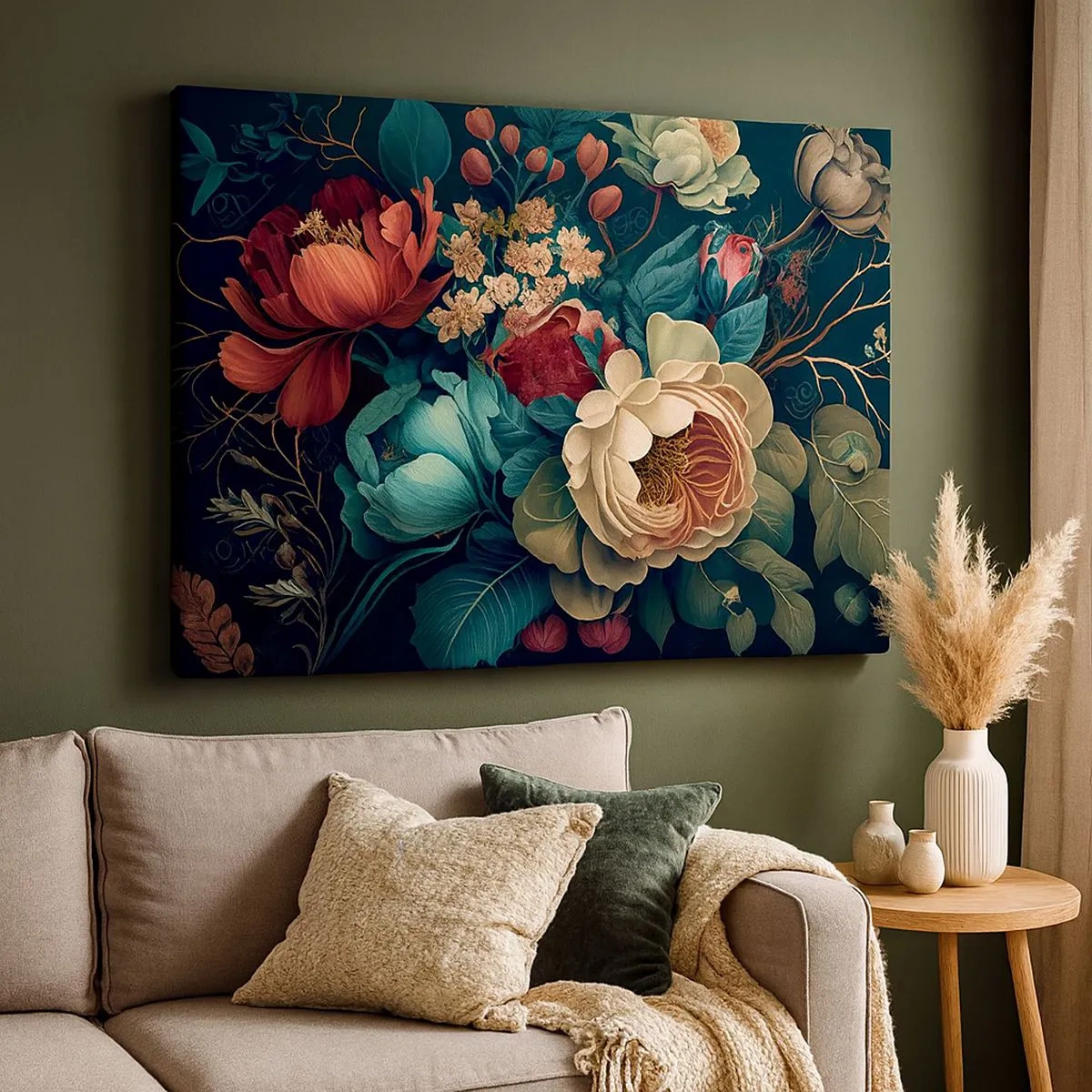 Canvastavla - Bild på duk - En färgglad blomkomposition mot en mörk bakgrund - 70x50cm - Charm från 1800-talet - Modern väggdekoration för vardagsrum och sovrum ARTTOR