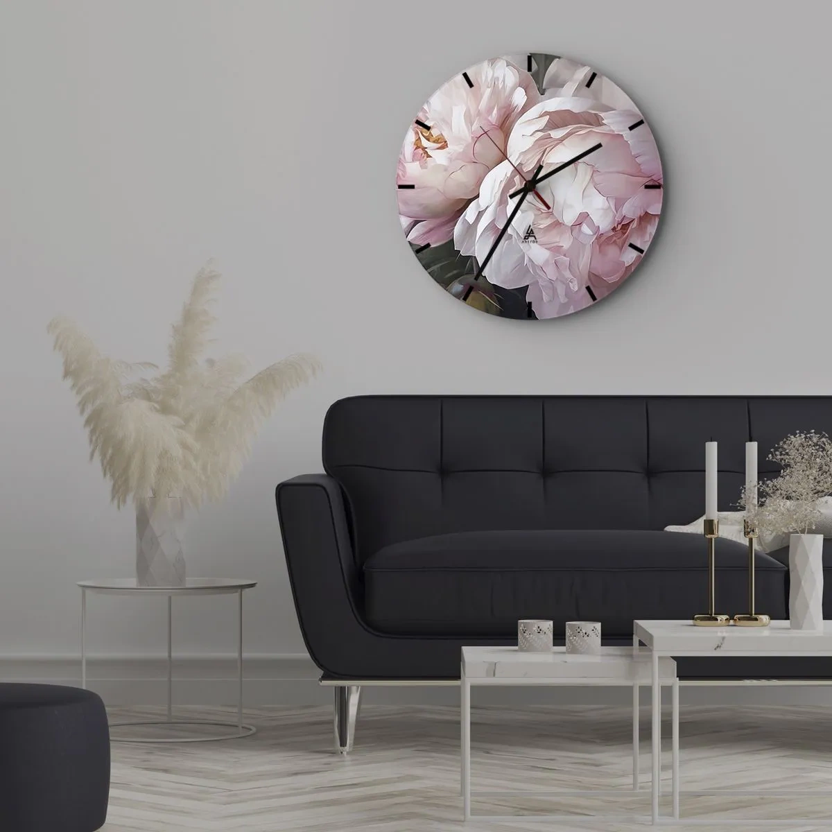 Väggklocka - Klocka på glas - Fina rosa pioner i närbild - 30x30cm - Fast i blomning - Modern väggdekoration för vardagsrum, kök och sovrum ARTTOR