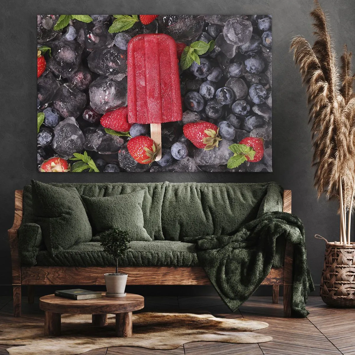 Canvastavla - Bild på duk - Röd glass omgiven av frukt och is - 70x50cm - En smak av varm sommar - Modern väggdekoration för vardagsrum och sovrum ARTTOR