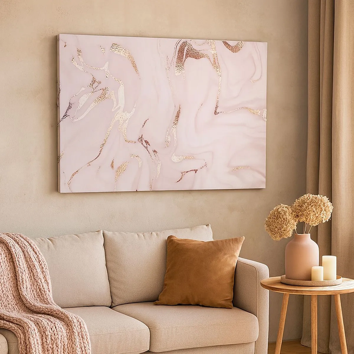 Canvastavla - Bild på duk - Elegant abstraktion i nyanser av rosa och guld - 70x50cm - Rosa raseri - Modern väggdekoration för vardagsrum och sovrum ARTTOR
