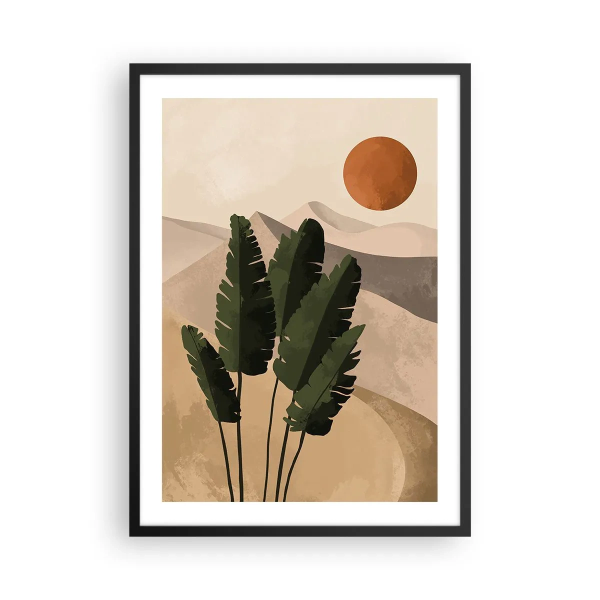 Affisch i svart ram - Växter i en ökenmiljö med solnedgången, abstrakt landskap - 50x70cm - Livets triumf - Modern väggdekoration för vardagsrum och sovrum ARTTOR