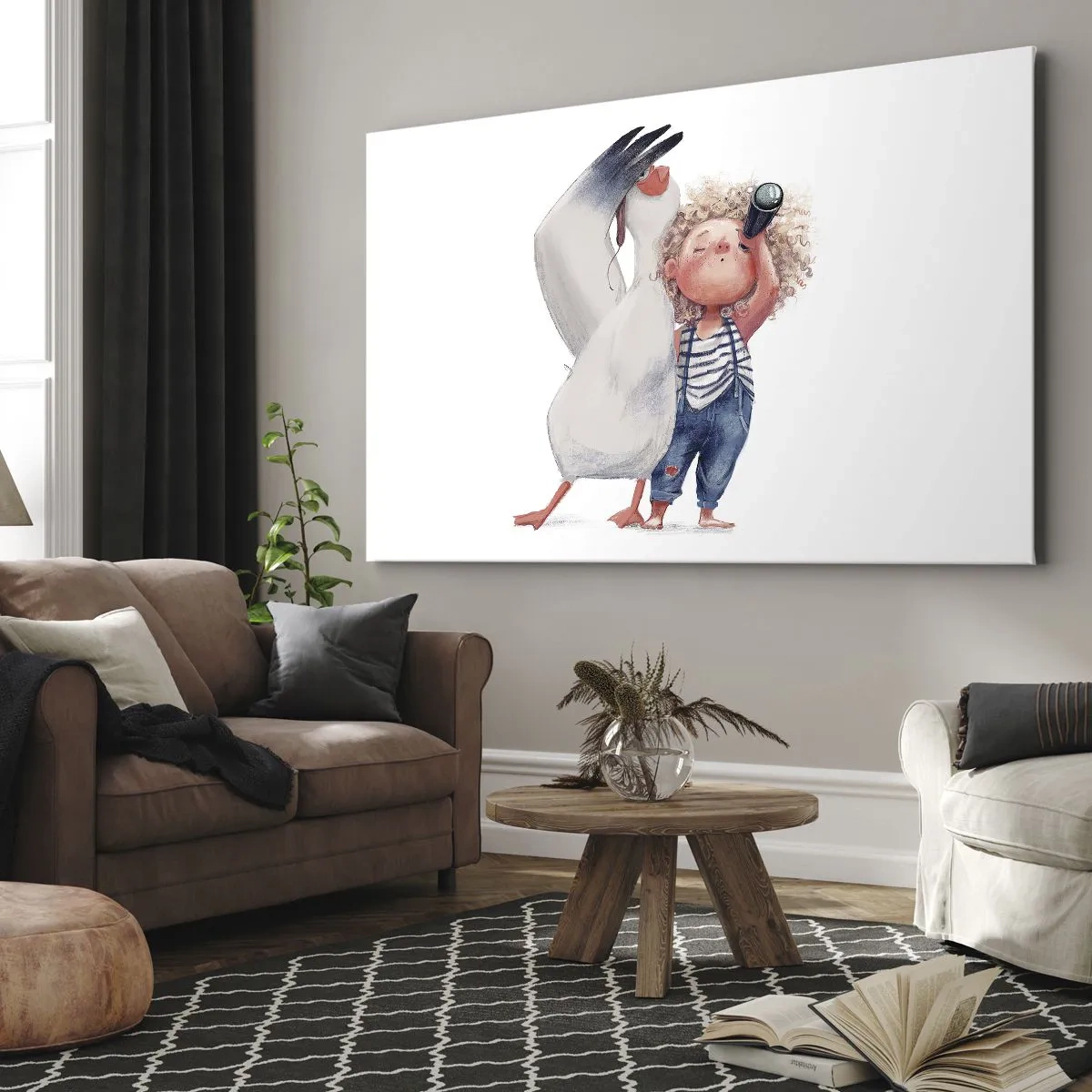 Canvastavla - Bild på duk - Illustration av ett barn med en pelikan och ett teleskop i handen - 70x50cm - Stora resans plan - Modern väggdekoration för vardagsrum och sovrum ARTTOR