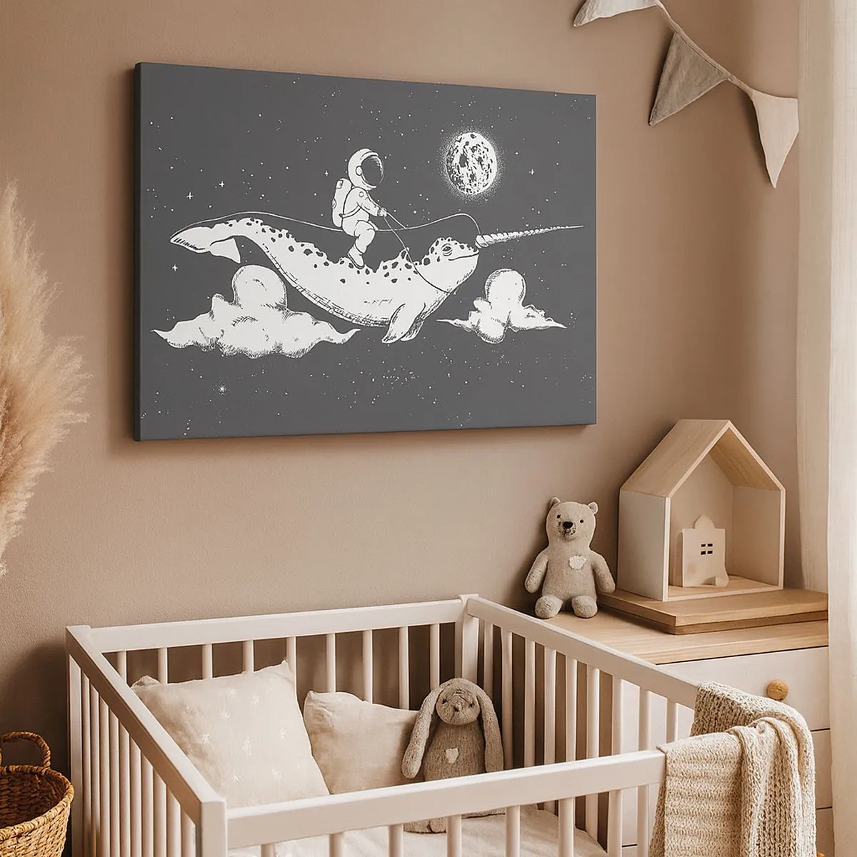 Canvastavla - Bild på duk - En astronaut på ryggen av en narval som svävar i en rymdscen. - 70x50cm - Rymdryttare - Modern väggdekoration för vardagsrum och sovrum ARTTOR