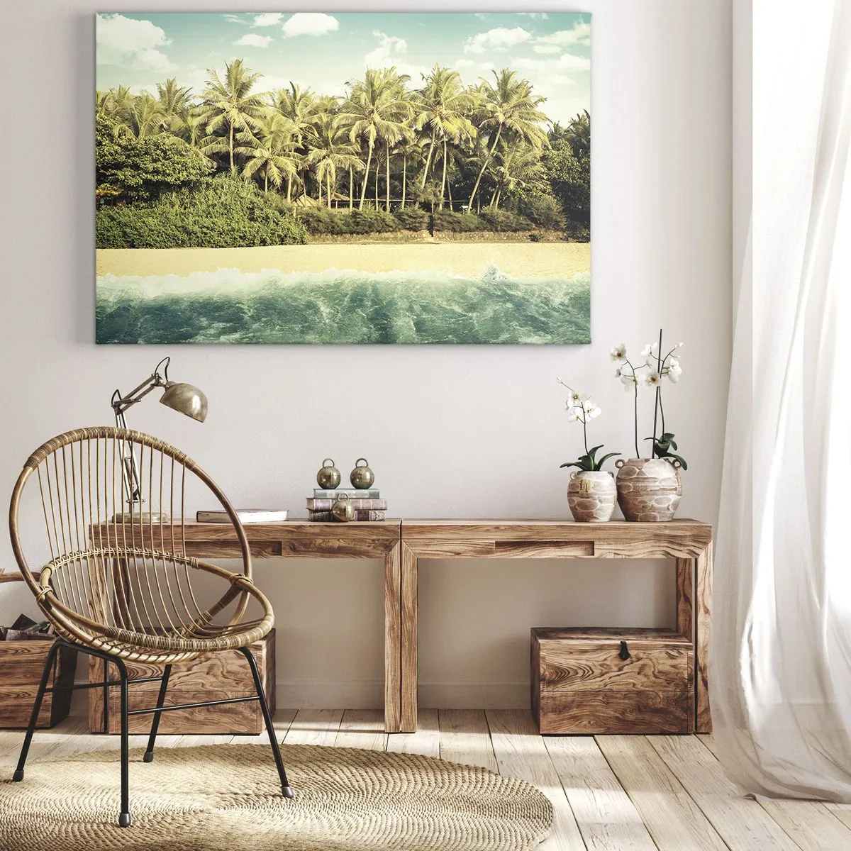 Canvastavla - Bild på duk - Tropisk strand med palmer och turkost hav - 70x50cm - Kanske här? - Modern väggdekoration för vardagsrum och sovrum ARTTOR