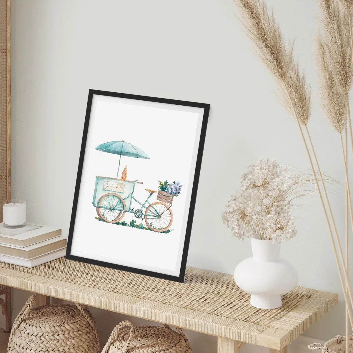 Affisch i svart ram - Akvarell illustration av en cykel med glass och blommor - 50x70cm - Sött minne av sommaren - Modern väggdekoration för vardagsrum och sovrum ARTTOR